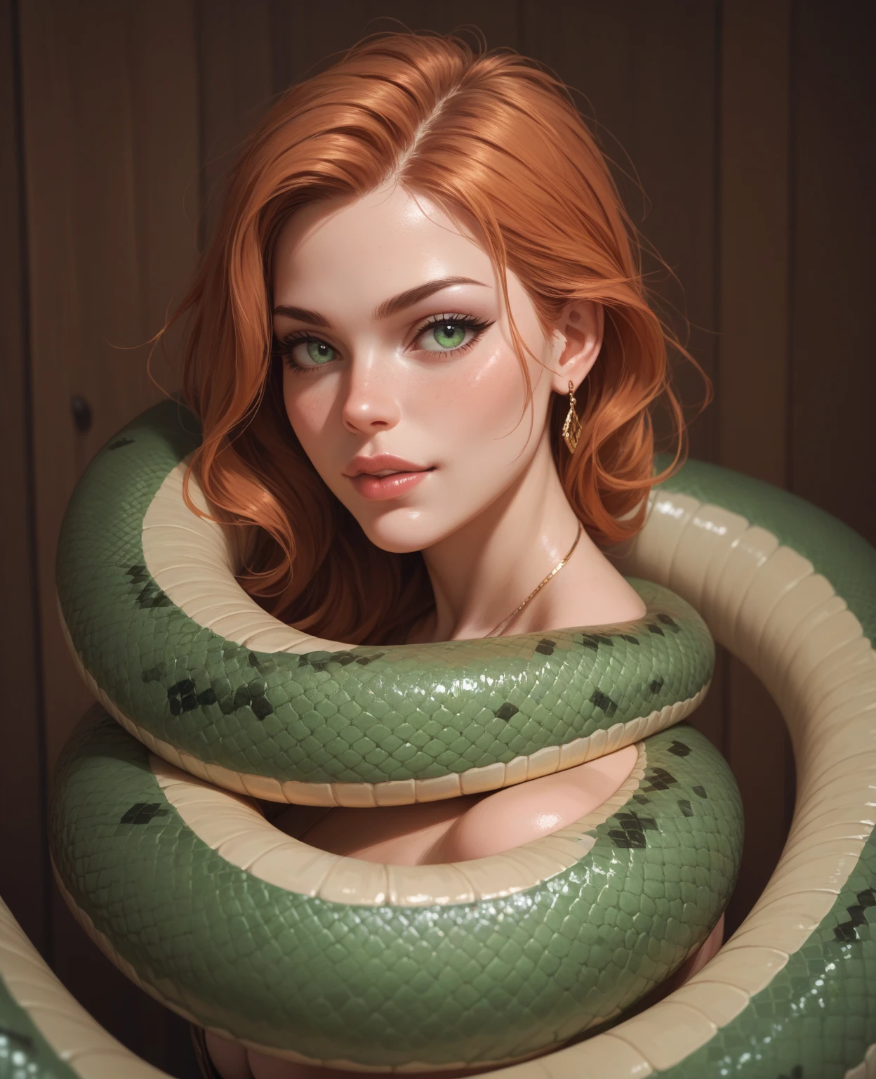 1girl, snake girl, monstergirl, snake tail, snake tail from waist down, entire girl, long hair, red hair, beautiful detailed eyes, beautiful detailed lips, extremely detailed eyes and face, long eyelashes, two eyes, green eyes, forked tongue, human torso, small fangs, digital art, (best quality,4k,8k,highres,masterpiece:1.2),ultra-detailed,(realistic,photorealistic,photo-realistic:1.37),hyperrealistic, intricate details, cinematic lighting, dramatic lighting, fantasy, anime style, vibrant colors, red and black color scheme
