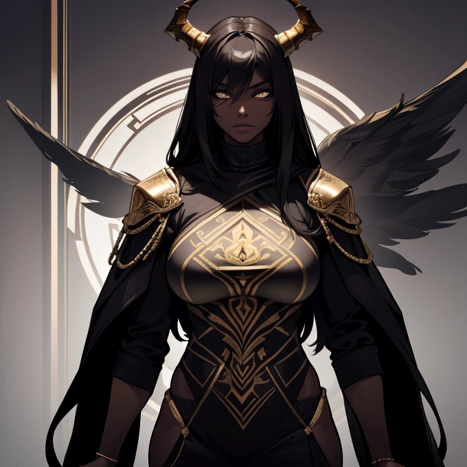 (best quality,4k,8k,highres,masterpiece:1.2), ultra-detailed, (realistic,photorealistic,photo-realistic:1.37), mature ebony-skinned female with long flowing silver hair, wearing a golden gilded form-fitting skimpy golden dress, curvy, has large black demon wings, has demonic horns, alluring gaze, dark skin tone, ebony skin tone, golden dress, dress made of gold, alone, solo, (ALONE)(SOLO), sitting on throne