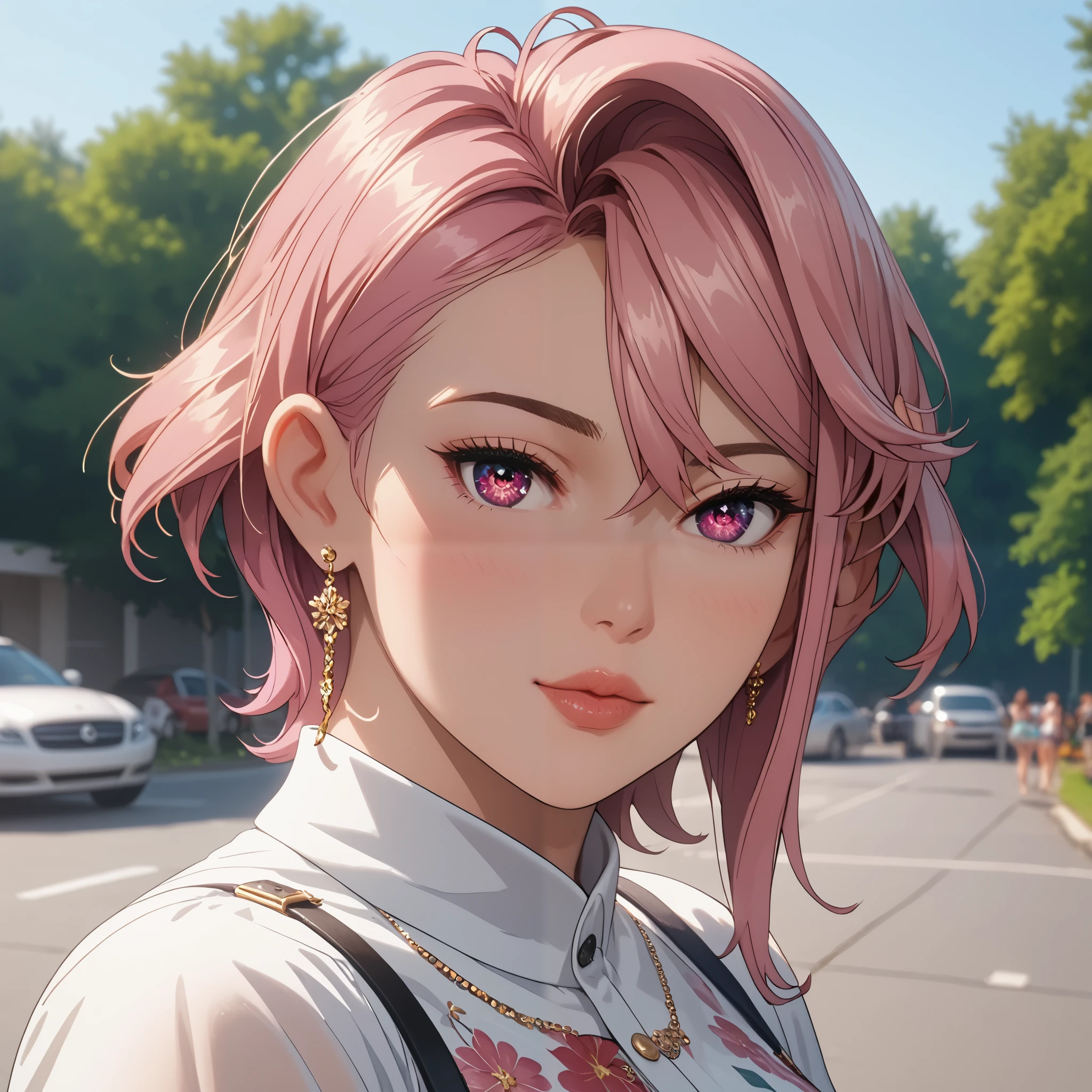 (beautiful girl:1.3),1girl,masterpiece,Highest quality,Ultra-high resolution,rich contrast,super high quality,8k,Highly detailed CG unit wallpaper,texture,Incredibly absurd,Ultra-high resolution,Highest quality anime,professional photograph,an extremely delicate and beautiful,RAW Photos,Depth of Field 1.2,ultra-detailed eyes,Glitter Effect,Beautiful glossy lips, 22years old, gorgeous legs, noise perfect, gorgeous ass, 1girl, gorgeous ass, dynamic pose, sensual woman, seductive woman, mature woman, Milf, maternal, shy look, full body, (type of photo: medium shot, portraying the person from head to waist), 1girl, aira shiratori, short hair, bangs, hair between eyes, pink hair, pink eyes, medium breasts, anime screencap, Conjunto Boho (Aventura y Libertad) Boho Set (Adventure and Freedom): Top: Sleeveless linen blouse in terracotta tone with floral embroidery in white thread, with a "V" shaped neckline and thin straps. Bottom: Long skirt with a wrap-around cut, with a multicolor ethnic print in warm tones (red, orange and yellow). The skirt has a lace fringe at the bottom edge. Shoes: Brown leather sandals with thin straps and beaded details. Accessories: Wooden bracelets, silver rings and a straw bag with leather details.