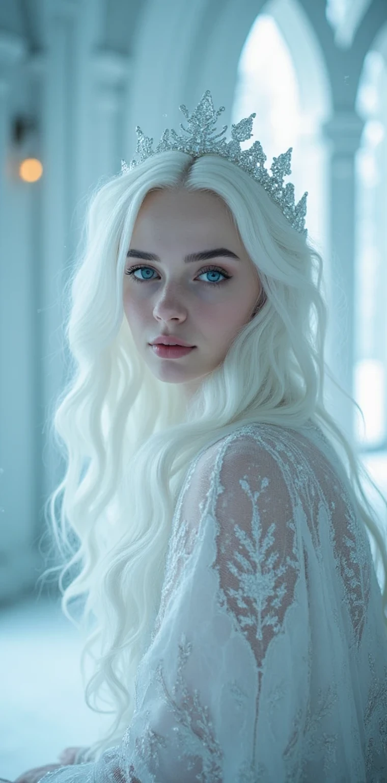 (masterpiece), best quality, 1024k UHD wallpaper, ultra-high resolution, dreamlike, expressive eyes, (Perfect Photo), (beautiful detailed face), (beautiful detailed eyes), (Detailed clothes), (Perfect Anatomy), ((Upper Body)), ((Queen Ice)), ((Albino girl)), (Adult Female), (smooth skin, smoth skin, Pale skin, White skin), ((White hair, long hair, wavy Hair, Shining hair)), (blue eyes, shining Eyes), (Thick Eyeslashes, White Eyeslashes), (looking at viewer), Beauty Face, beautiful Face, beautiful woman, Pretty face, glossy lips, thin lips, Happiness, Stunning, Mezmerize, Gorgeous, (White ice palace Background), (Indoor), Shimmering effect, (Snow Particles), ((sitting on the throne)),