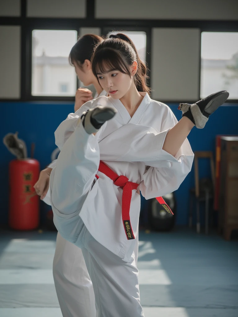 "Action image of a Japanese female martial arts instructor in her 30s,slight asymmetry, heart-shaped face, intense almond eyes showing focus, high cheekbones, small nose, determined expression, sleek black hair in a tight bun, athletic build in a black gi with red belt, mid-kick demonstration,Slightly tousled hair"
