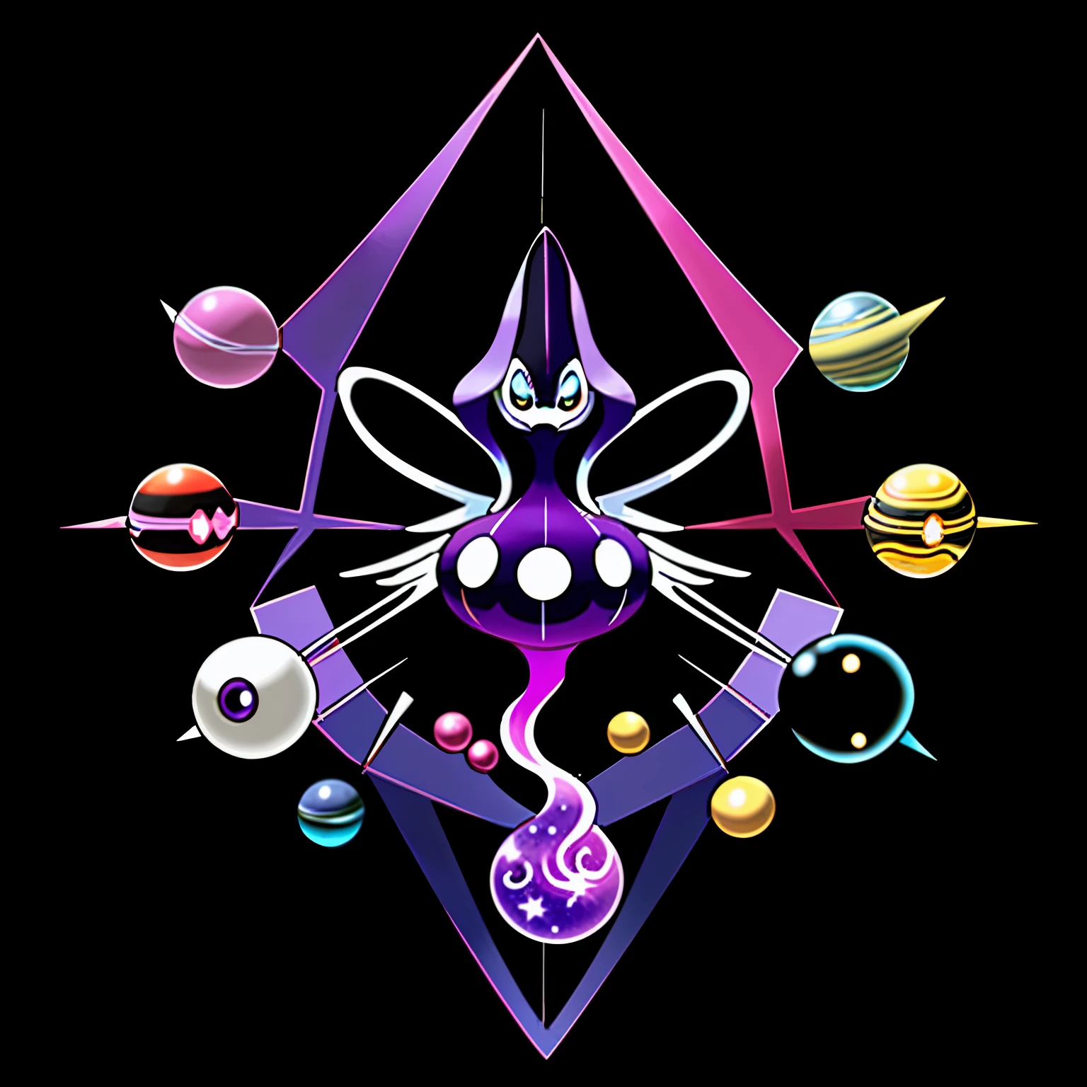 Pokémon inspired by cosmic and celestial elements. It should have a unique and otherworldly appearance, resembling a being from deep space. The Pokémon should have a rare type combination, such as Psychic/Dragon, Fairy/Electric, or Dark/Fire.
Its design should feel mystical and futuristic, with floating energy rings, shifting star patterns on its body, or shimmering cosmic dust trailing behind it. The Pokémon’s eyes should glow with an ethereal light, and its body should be elegant yet imposing, giving it a legendary or mythical presence.
The color scheme should include deep purples, glowing blues, and radiant golds, evoking the beauty of a nebula or the surface of a distant planet. Its abilities should reflect space-related phenomena, such as manipulating gravity, bending light, or generating miniature black holes