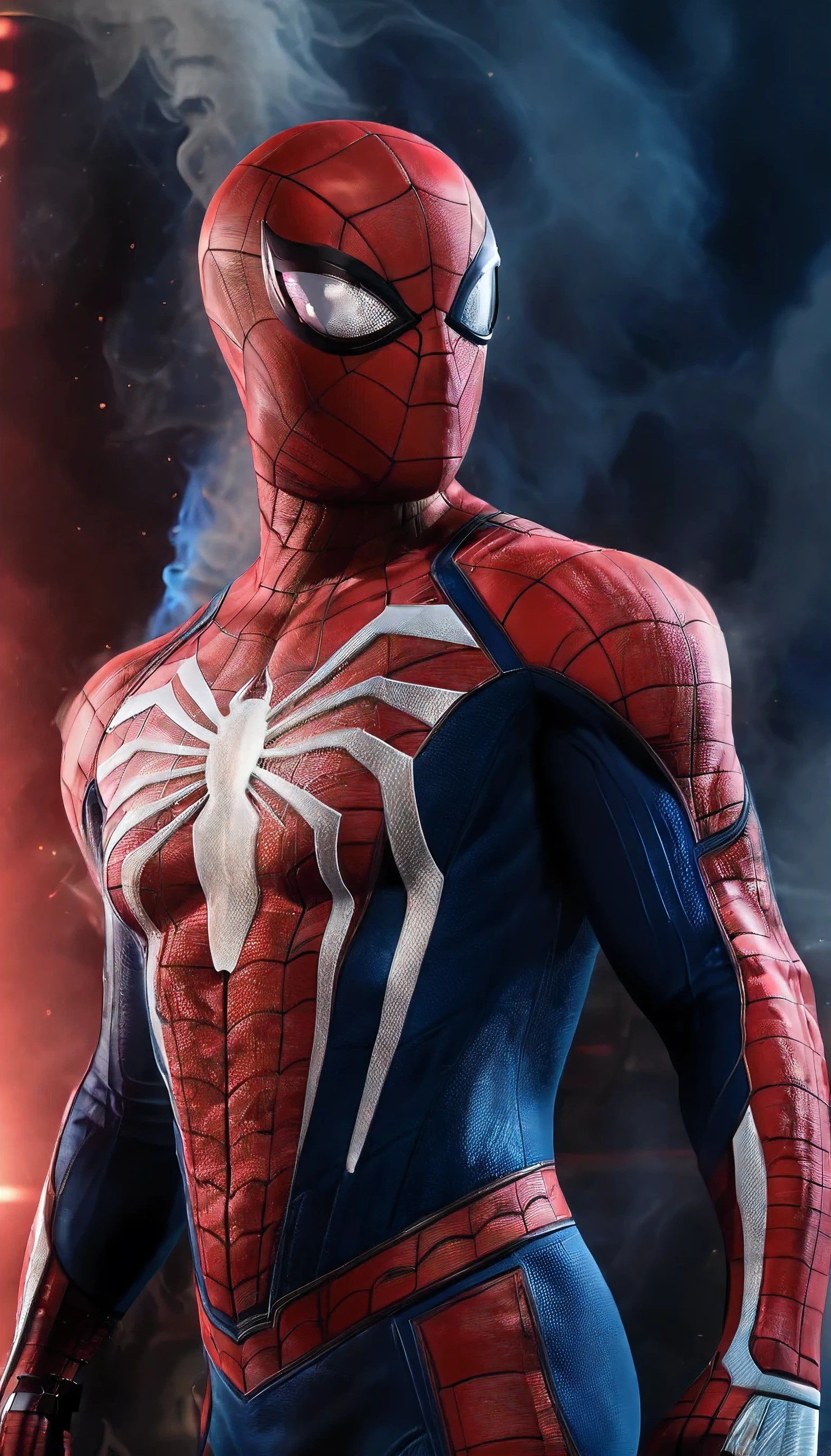 "A highly detailed, cinematic portrait of a superhero wearing a red and black textured suit, futuristic design with metallic highlights, side profile pose, atmospheric smoke background, dramatic lighting, ultra-realistic details, 4K resolution."