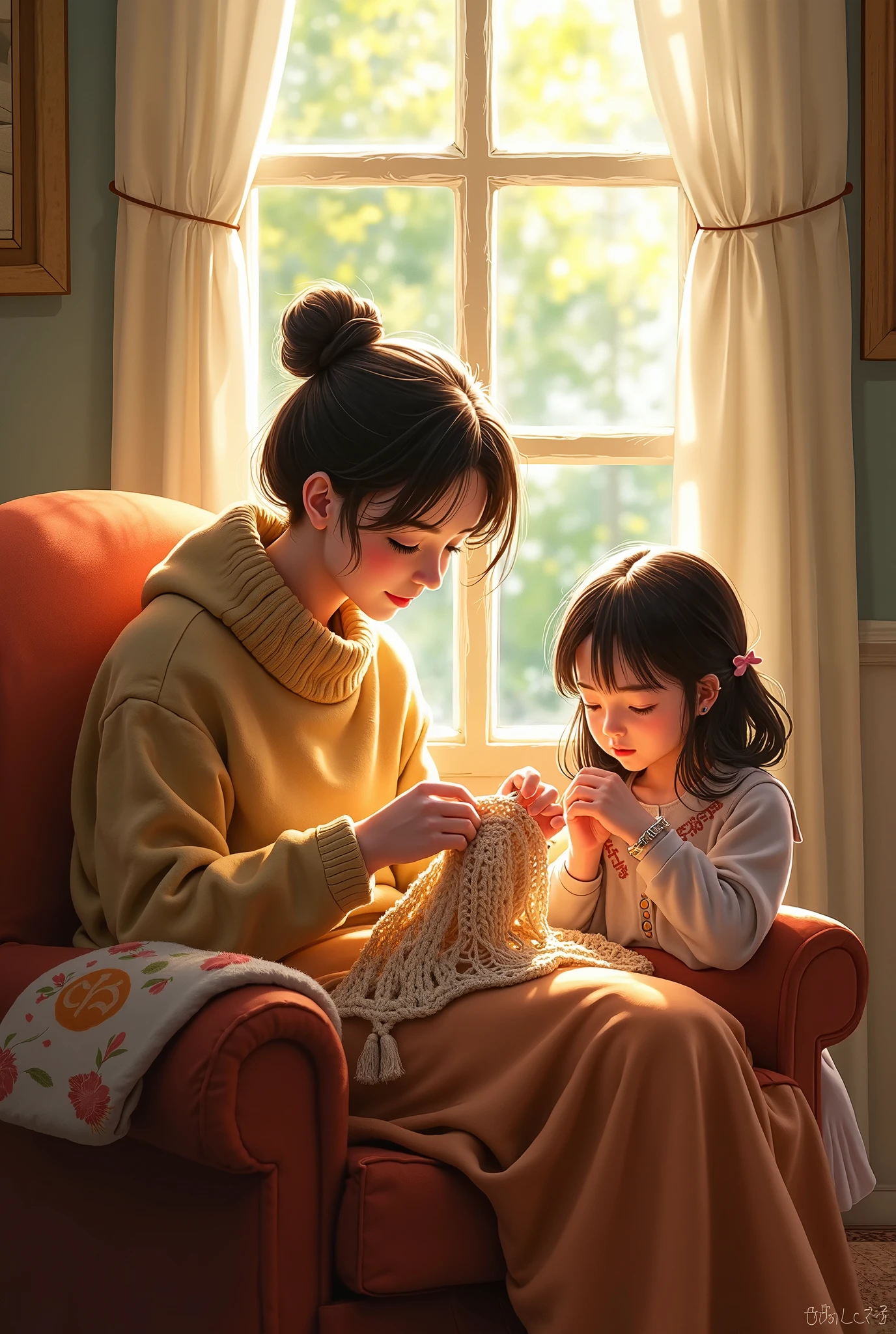 Woman teaching a child how to make Amigurumi dolls next to them a basket full of colorful yarn and magazines