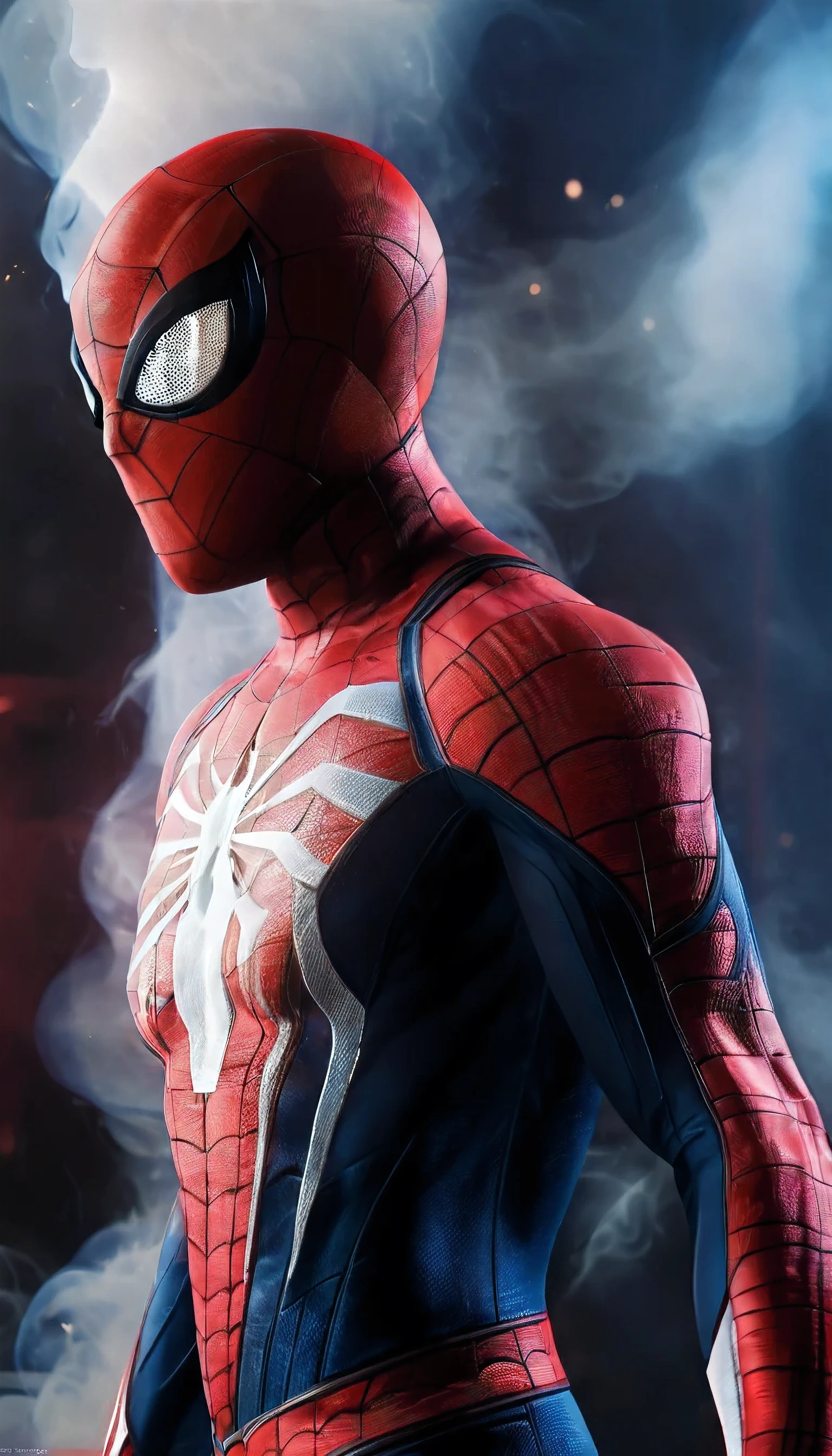 "A highly detailed, cinematic portrait of a superhero wearing a red and black textured suit, futuristic design with metallic highlights, side profile pose, atmospheric smoke background, dramatic lighting, ultra-realistic details, 4K resolution."