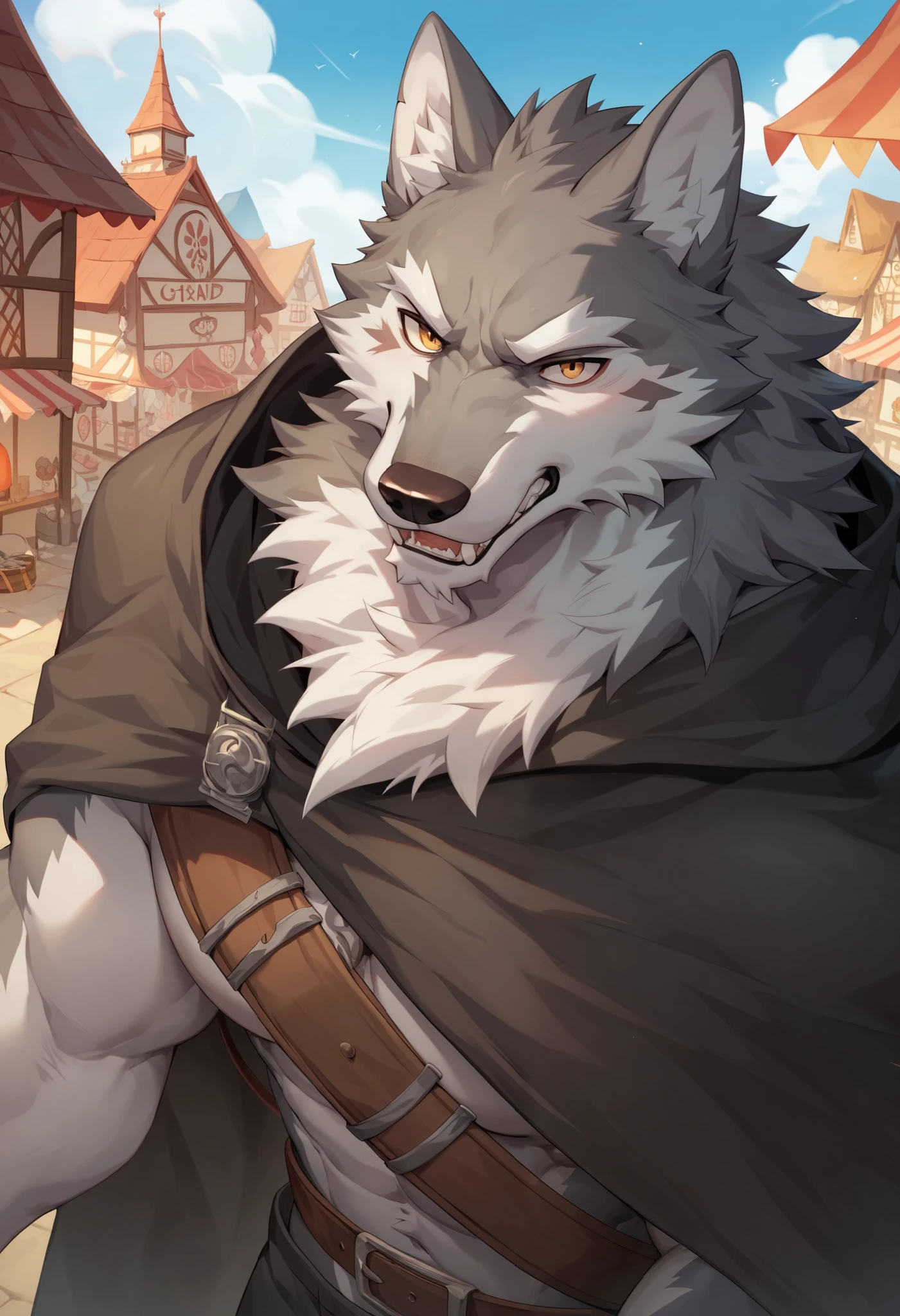 Gray furry wolf, 2,5 tall, medianly muscular, using/wearing, many black ripped and worn rags, and other black type of rags, in a town, the best quality, HD, 2K, wooden market, trying to hide in her rags, trying to cover hims face, warm atmosphere, using a large layer that covers hims face and body. Wearing a dark cloak that covers him completely.
