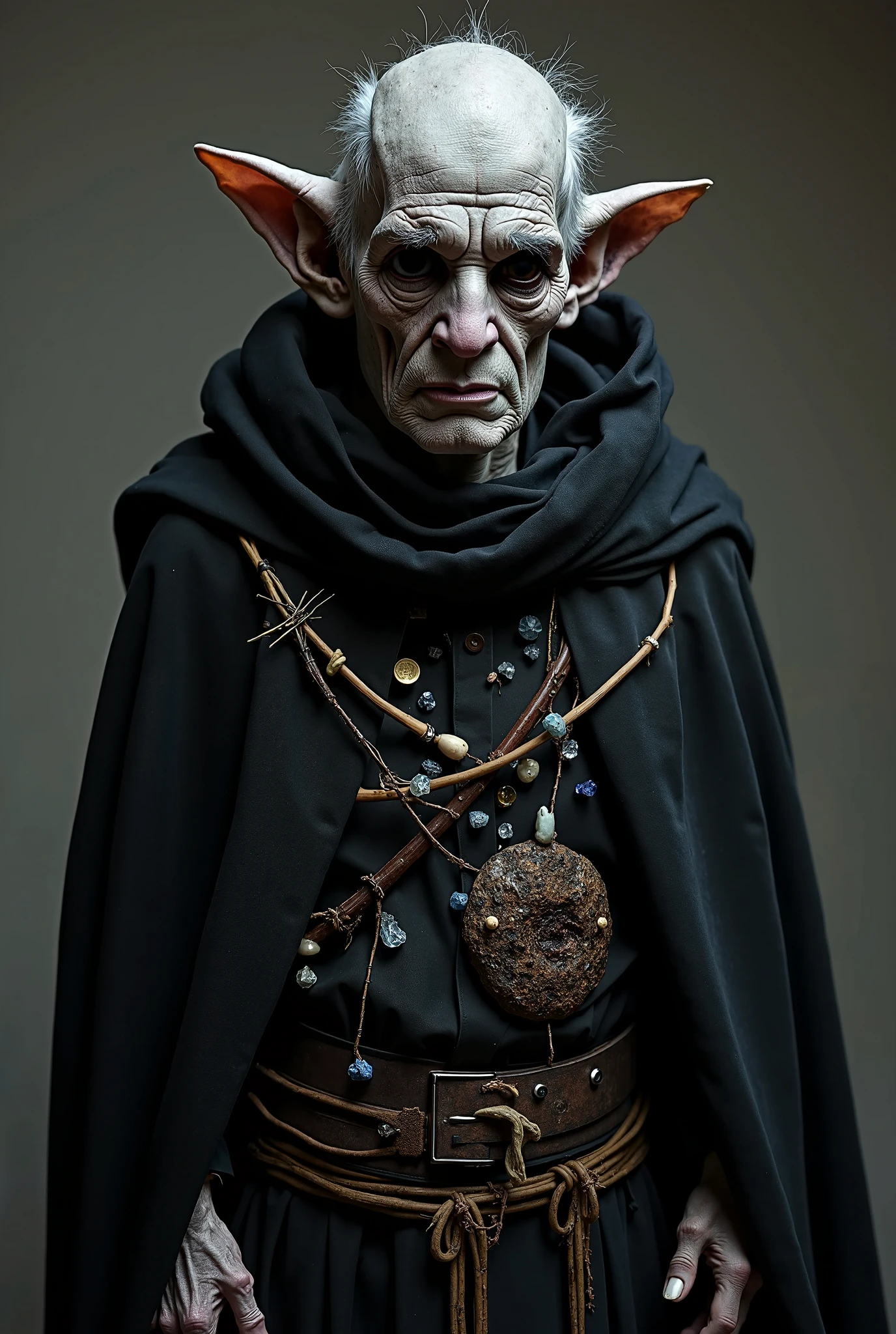 Alabaster skinned middle aged elf man, with dark monk robes, white hair,