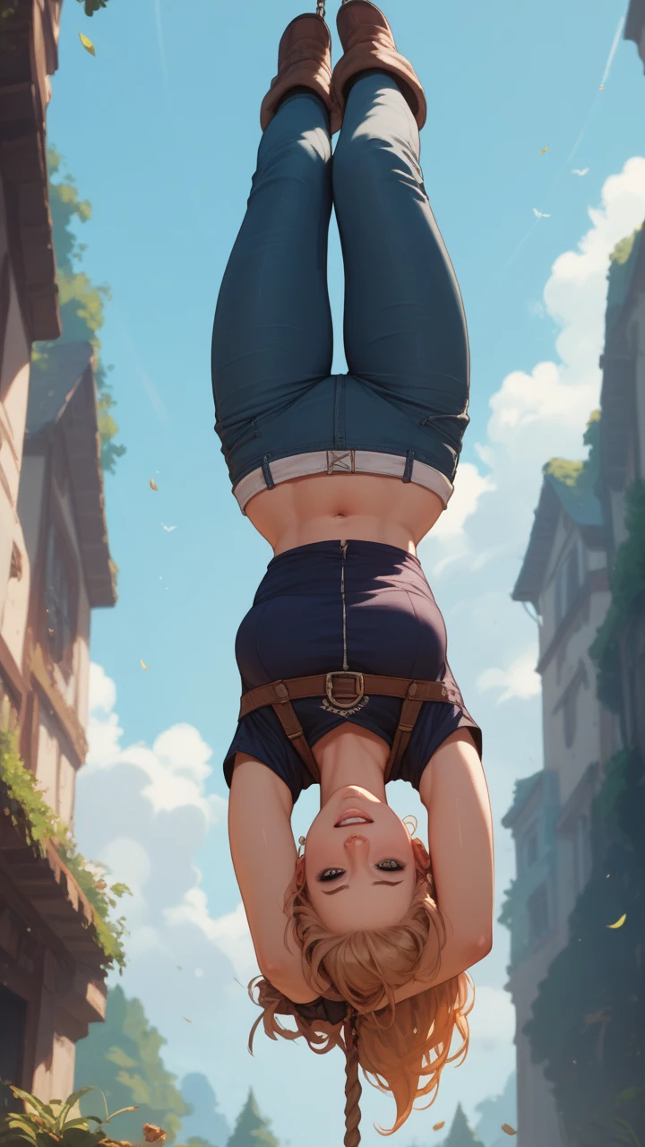 "A towering giantess with a cool, relaxed hippie style.、Rocking a crop top and baggy pants。. Her toned and athletic physique、suggests her mighty power。. It seems like you are casually strolling through the lively streets of GTS City., With towering buildings towering overhead、. Smoke and clouds swirl around her, Further heightening the sense of epic scale and drama. 照明がdark, dark, And realistic, create a tense and eerie atmosphere. The view is from below, Emphasize the majesty and power of giants."、camel toe、huge tit、Nipple Puffs、cleavage、Plump、Super big breasts、super big butt