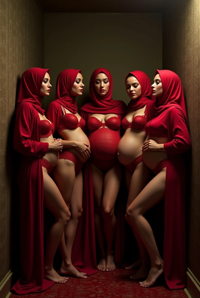 a woman in the translucent silk red gown, tight full body tied, satin sheet, nipple on with nipple piercing, wearing translucent veils, satin hijab, full body, long satin,mermaid tight long gown, flowy dramatic long gown, lying on satin, tall women, satin bed, strugle to walk, wear high heels, masterpice