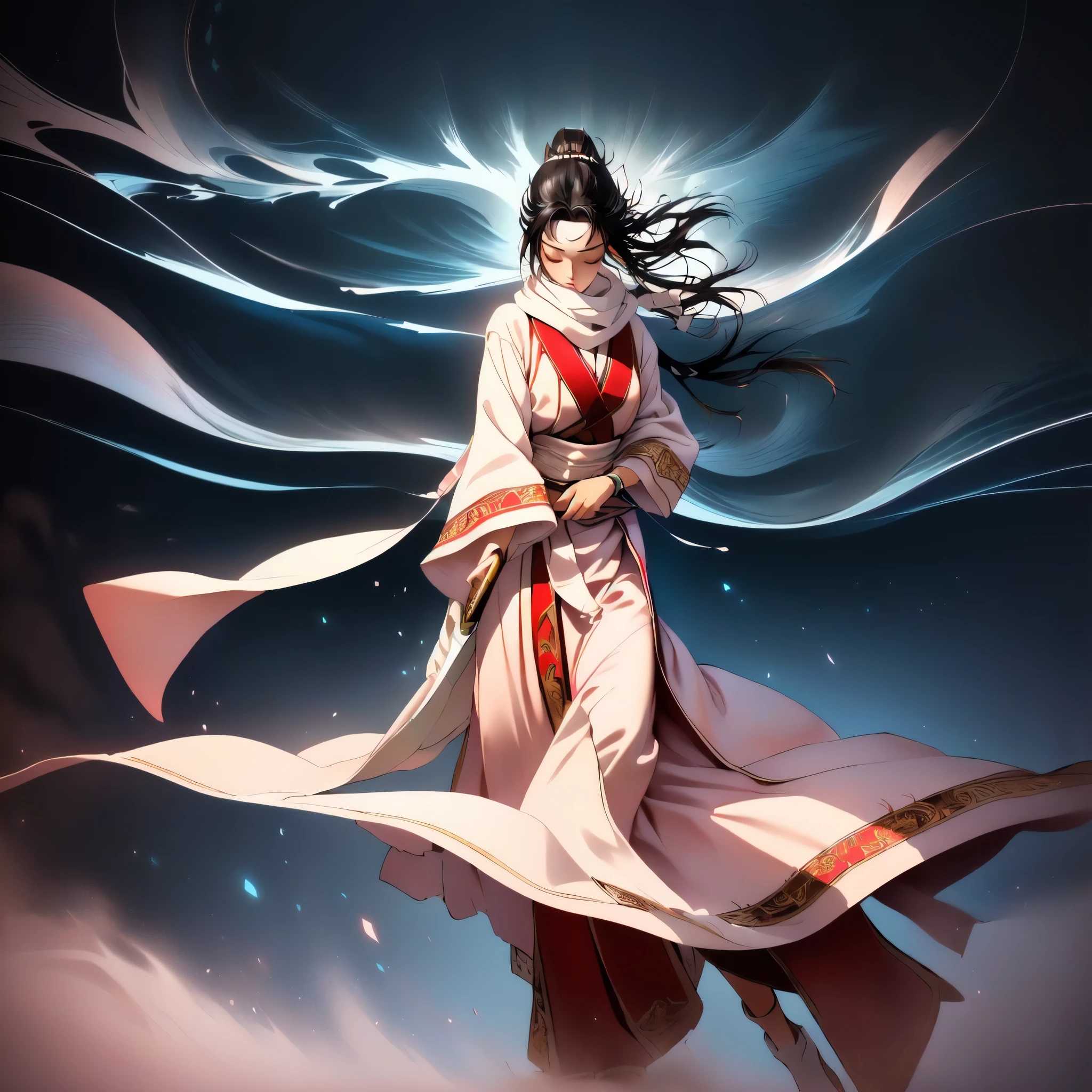 Masterpiece, top quality, in the seat, Full body image showing up to your feet、 Wide Shot 、 full body、 stand on tiptoes on one leg the other leg is bent from the knee、 closed eyes . loose strand framing face , closed eyes , furrowed brows. Long Black Hair Tied in a High Ponytail , dark pink and light pink . white headband with red gemstones. pale skin on a street car, 「JTT」White short sleeve embroidered with,Hidden nose and mouth with a white collar、 the nose and mouth are covered and hidden by the neck、The face only sticks out the eyes、Red Hakama, Green-yellow strip with “JTT” written on it, 「JTT」 written on the pattern. He has a Chinese sword in his hand、The blade of the sword is facing straight to the side、I'm wearing white loose cloth pants、I'm wearing white cloth socks that go up to my shin、Both arms are stretched horizontally, straight, and sideways、 flowing clothes and hair . abstract night background without concrete objects or scenery. blue fog swirl、Soil ripples with aura underfoot、 on top of the hill