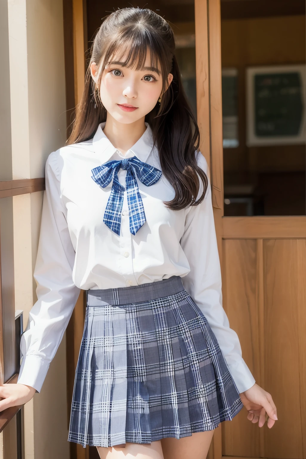 An 18-year-old high school girl wearing a white shirt and a light blue plaid miniskirt..(black hair)