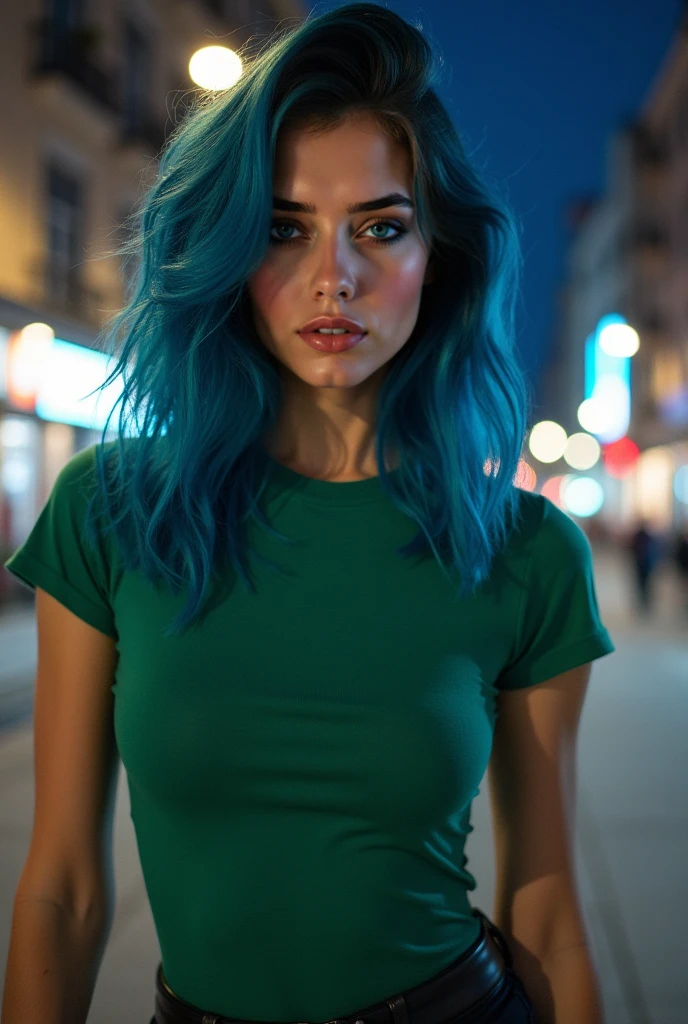 A beautiful girl with blue hair, wearing casual clothing, walking through Berlin, detailed face, beautiful eyes, lips and skin, oil painting, cinematic lighting, vibrant colors, intricate details, photorealistic, 8k, high quality, masterpiece