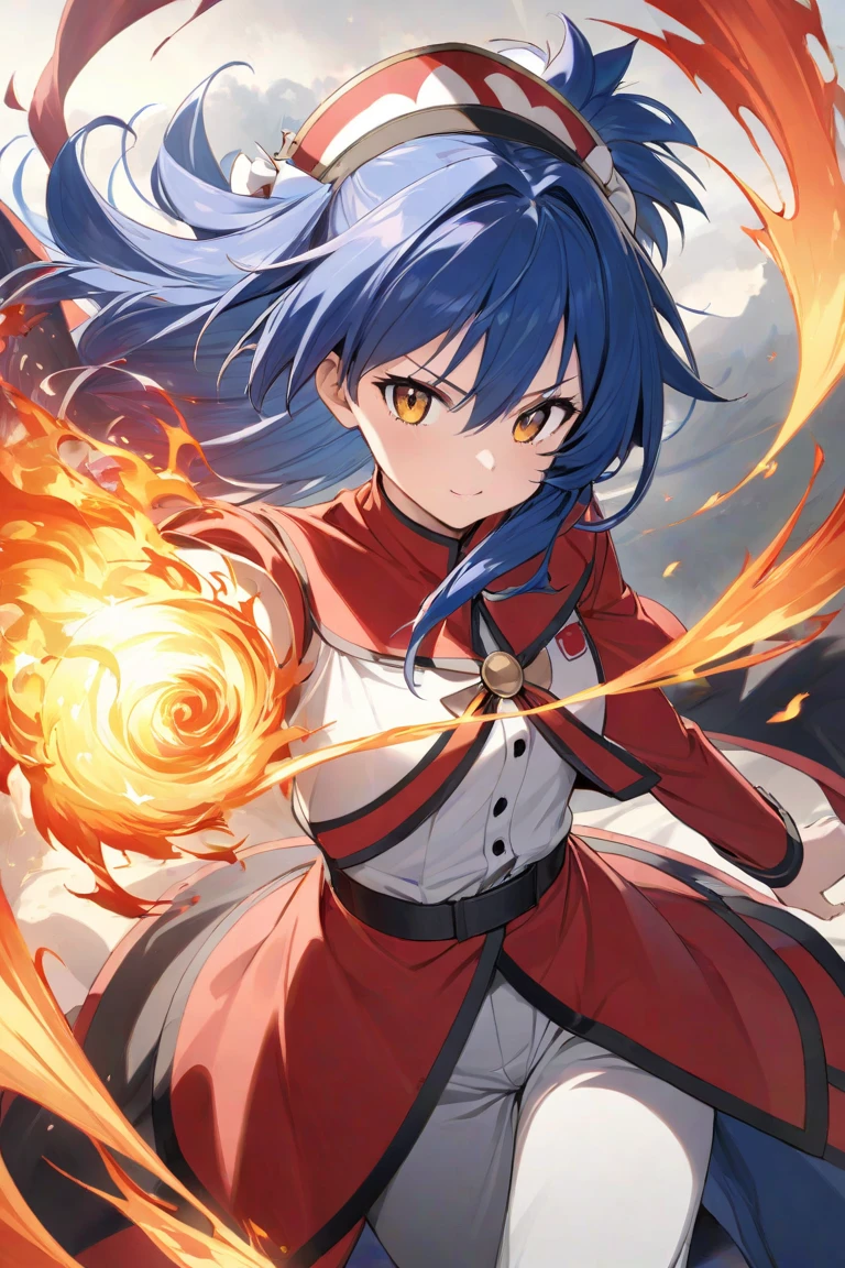 Anime girl with blue hair and a staff and a flame in hand, Megumin, Megumin of Konosuba, half Invoker half Megumin, Ryuko Matoi, Attractive Matoi Ryuko, Fire Mage, Goddess of Hot Fire, Black Mage - Hair, Fire!! Full body, she has fire powers, comic art, fire goddess, HD art, konosuba style, 8k, extremely beautiful character, extremely perfect character, attractive to the audience, photo cinema, light and contrast with the scene, warm colors, vibrant colors, highlight in character