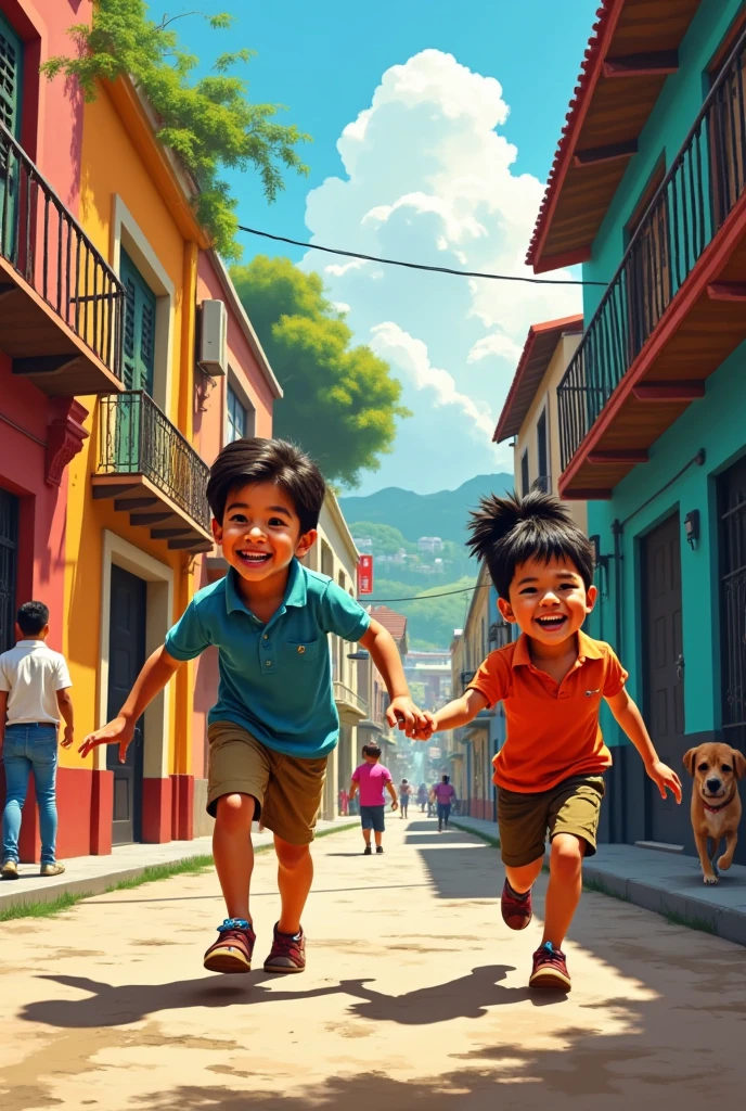 s playing in the street, urban environment, illustration, Colombia