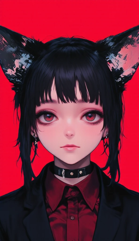   The camera is focusing from the image in the center from above   , Wine Red Background   ,   black hair, Two cat ears on an EMMO   :1.5,  dark, gothic,    painting of a woman with long twin blades and piercings ,    character portrait made by Loish    ,   Winning works of the Pixiv contest  , gothic art, artgerm and ilya kuvshinov,  Gothic anime girl    ,    Impressive Anime Face Portraits {x} Detailed Anime Girl Portraits  ,  Neo Artcore and Charlie Bowter ,    Highly detailed art artgerm    