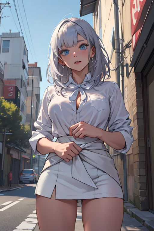 (Highest quality, High resolution, Very detailed), Realistic, Very beautiful 8K, CG wallpaper,  Silver Hair, Super short hair, sweater dress, lace thong, Large Breasts, Perfect Makeup, 24th generation, Beautiful woman, mature, quiet, Calm, A small smile, city Street,