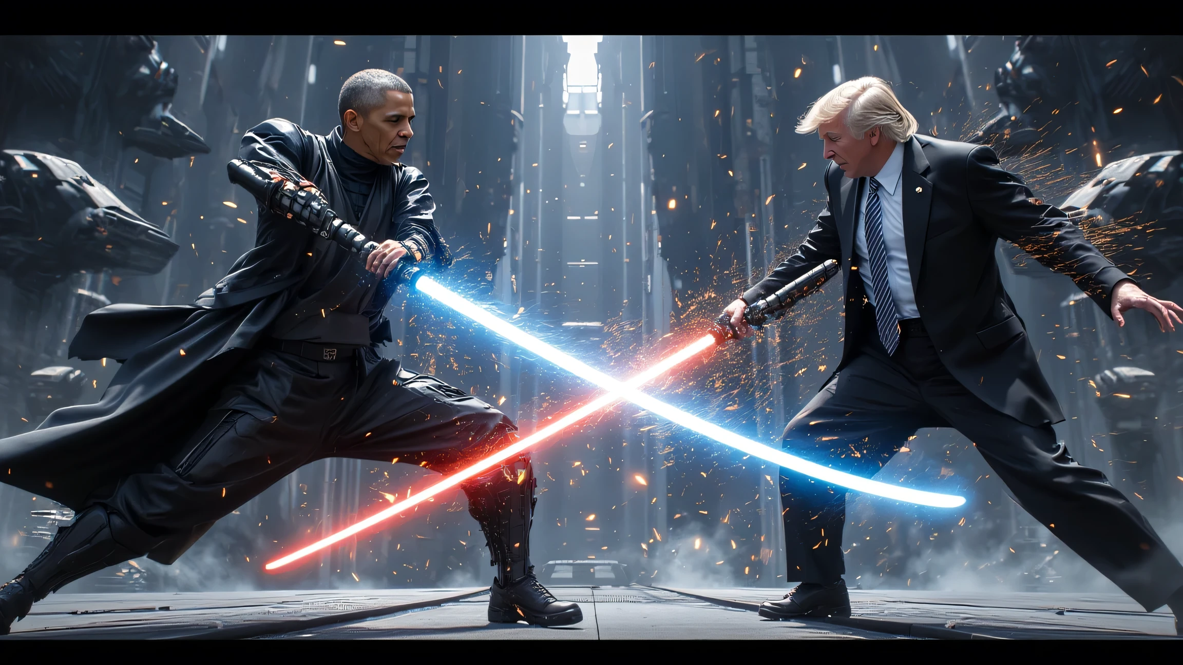barrack obama is holding a blue lightsaber, Donald trump is holding a red lightsaber, they are having an epic battle against each other, Barack Obama is winning the fight, futuristic landscape