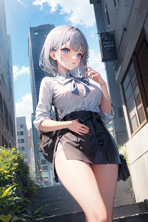 (masterpiece:1.1), (best quality:1.0), (ultra highres:1.0) ,(8k resolution:1.2),(realistic:1.0),(ultra detailed1:0), (RAW photo:1.1),Bird's-eye angle, Shibuya_\(Japan\), outdoor, 1girl, bangs,, sexy pink bow panties, breasts, , collarbone, collared_shirt, ear_piercing, earrings, eyebrows_visible_through_hair, head_tilt, jewelry, lifted_by_self, ,blue loose_necktie, medium_breasts, , piercing, school_uniform, shirt, solo, underwear, white_shirt,annoyed face, (ear piercing:1:1), earrings, looking_at_camera, nail_art, nail_polish, See-through bangs,light gray hair, (blue skirt), collarbone, thigh gap,small hip,mini skirt,
mathayom uniform,