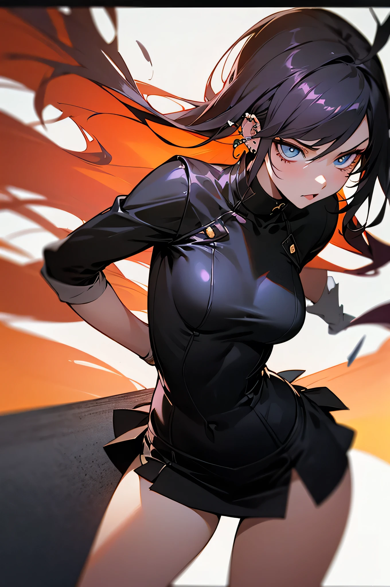 Anime girl in black tights with flames all over her body Black Hair The inside of the hair is orange Long coat Character portrait