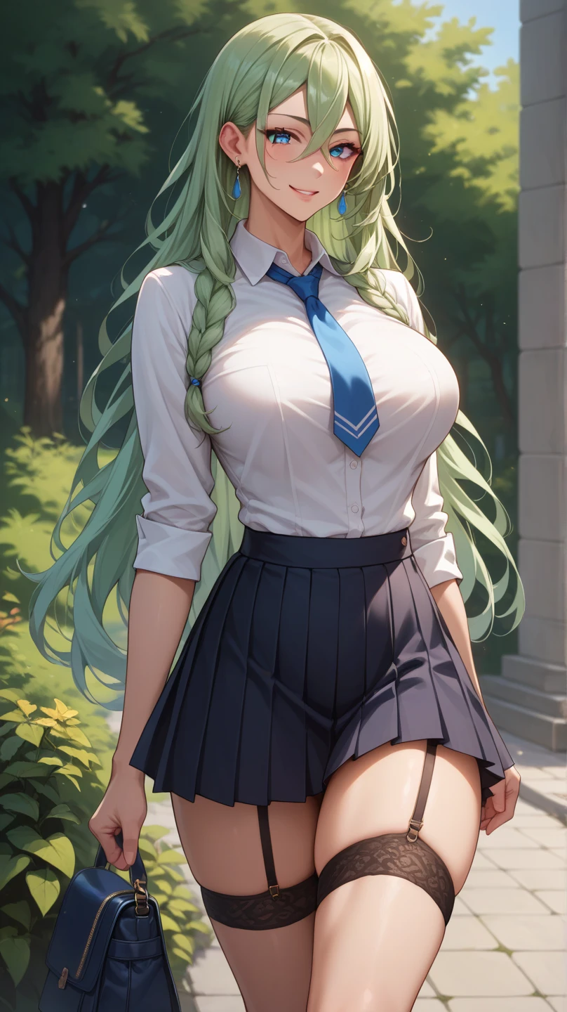 realistic,1girl,green hair,purple eyes,glowing eyes,checkered pattern crop top,skirt,parted lips,blush,night,flowers,sun,sunlight,sexy pose, close up portrait, hands on hips