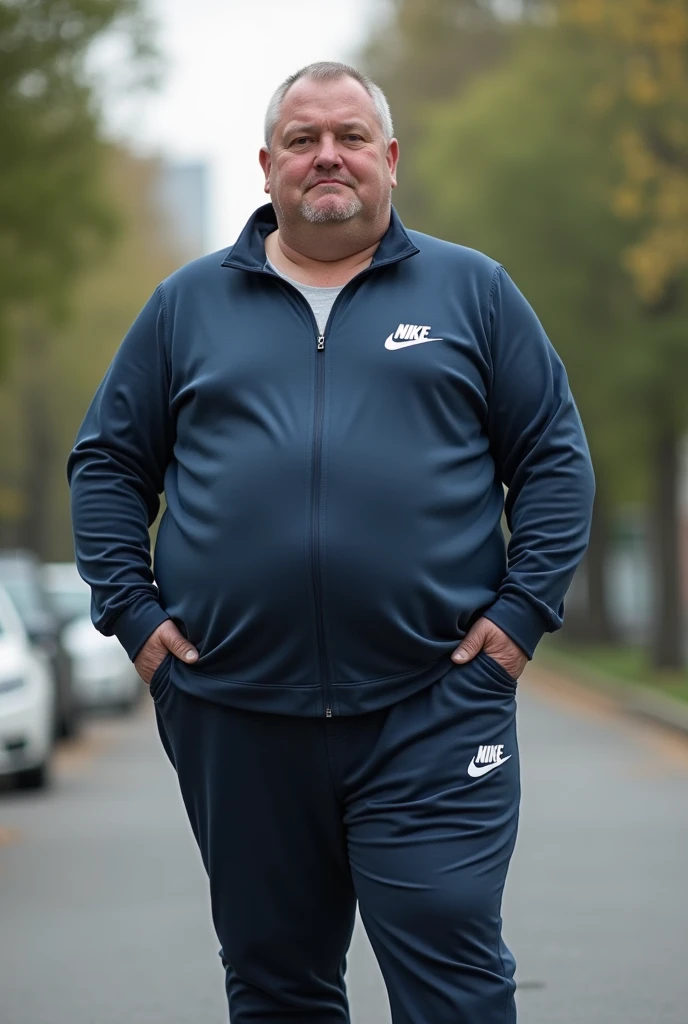 A man 35 years old slightly overweight in a slim-fit jogging costume full length.