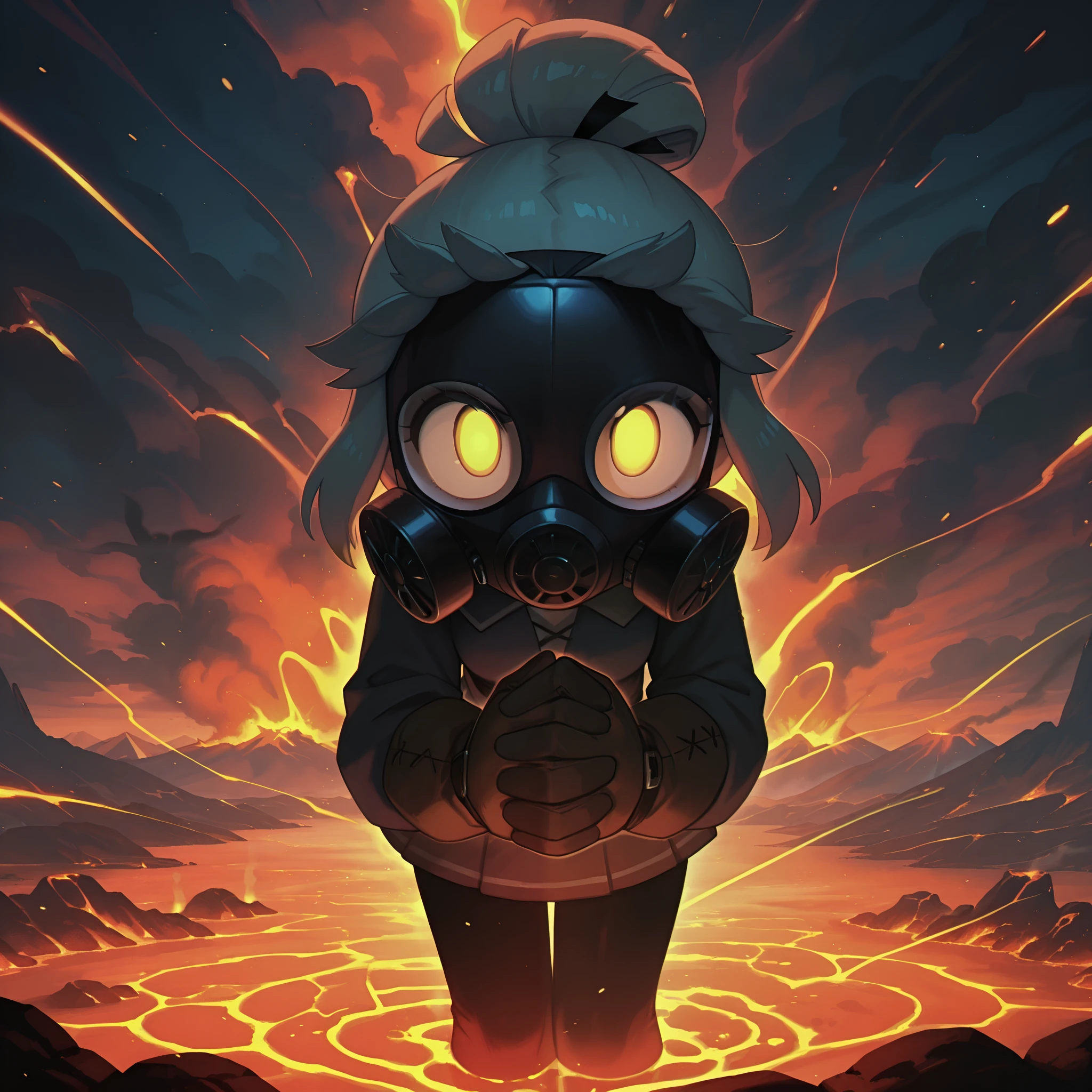 Score_9, score_8_up, score_7_up, masterpiece, best quality, amazing quality, very aesthetic, high resolution, ultra-detailed, absurdres, newest, Anime screencap, highly detailed, high quality, hyper-Detailed, mistico_IL. BREAK.
A girl with a body of glowing lava and hands of solid stone, wearing a gas mask to protect herself from the toxic fumes, stands on an active volcano. The molten lava around her creates a dangerous and intense environment, with thick smoke and dramatic shadows. The girl moves with agility and precision, facing the challenges of the volcano with determination and courage. The intense light of the lava illuminates the scene, highlighting the girl's figure and the details of the volcano. The constant sound of bubbling lava and the roar of the volcano create a dynamic and intense atmosphere. The girl stands in a posture of readiness, with her hands of stone firmly positioned, ready to face any challenge. Her eyes shine with determination and courage, despite the gas mask covering her face. The scene conveys a sense of urgency and importance, with the girl facing the dangers of the volcano with skill and success. The composition of the scene is balanced, with the girl at the center of attention, surrounded by the intense elements of the volcano. The underlying narrative suggests a story of survival and skill, with the girl emerging victorious in a hostile environment. The interaction with the viewer is direct and engaging, inviting them to feel part of the action and appreciate the girl's courage and determination. The scene is rich in detail and emotion, capturing the dynamic soul of the action and composition desired by the user.