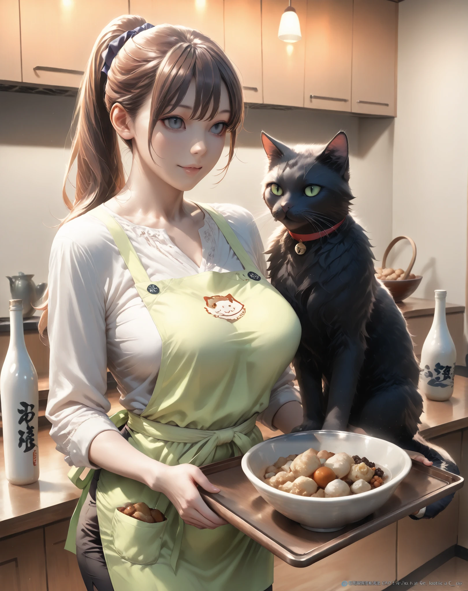score_9,score_8_up,score_7_up,score_6_up,score_5_up,score_4_up,source_real photo, Ultra-realistic, Photorealistic, Ultra-realistic, photorealistic, dramatic scene, global illumination, (1.woman), (1. fat huge black cat human), In the living room, a huge black cat wearing a yellow striped apron and a Japanese woman with brown hair in a ponytail wearing a white blouse and a long black pencil skirt are fighting over a tray with a small round bowl of food and a sake bottle. Both of them are desperately trying to grab the tray. (The things they are fighting over are a brown round wooden tray, a small round bowl of beige food on it, and a light gray sake bottle.), ((Shows a comment with a comic bubble, Text Japanese only))