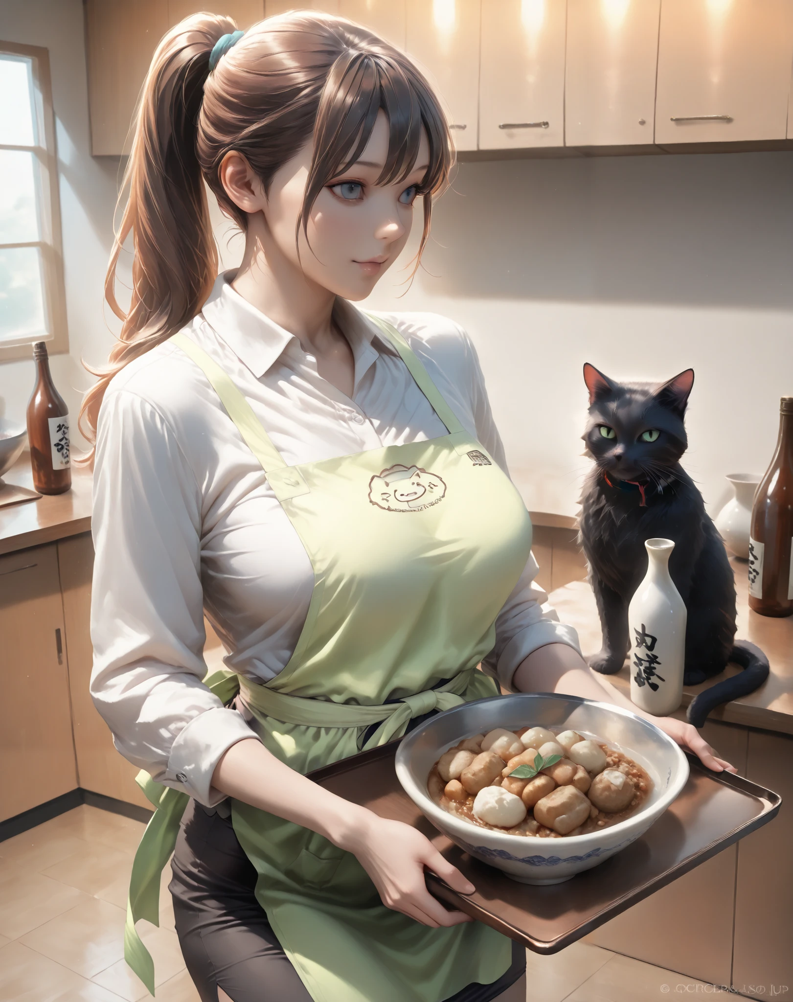 score_9,score_8_up,score_7_up,score_6_up,score_5_up,score_4_up,source_real photo, Ultra-realistic, Photorealistic, Ultra-realistic, photorealistic, dramatic scene, global illumination, (1.woman), (1. fat huge black cat human), In the living room, a huge black cat wearing a yellow striped apron and a Japanese woman with brown hair in a ponytail wearing a white blouse and a long black pencil skirt are fighting over a tray with a small round bowl of food and a sake bottle. Both of them are desperately trying to grab the tray. (The things they are fighting over are a brown round wooden tray, a small round bowl of beige food on it, and a light gray sake bottle.), ((Shows a comment with a comic bubble, Text Japanese only))
