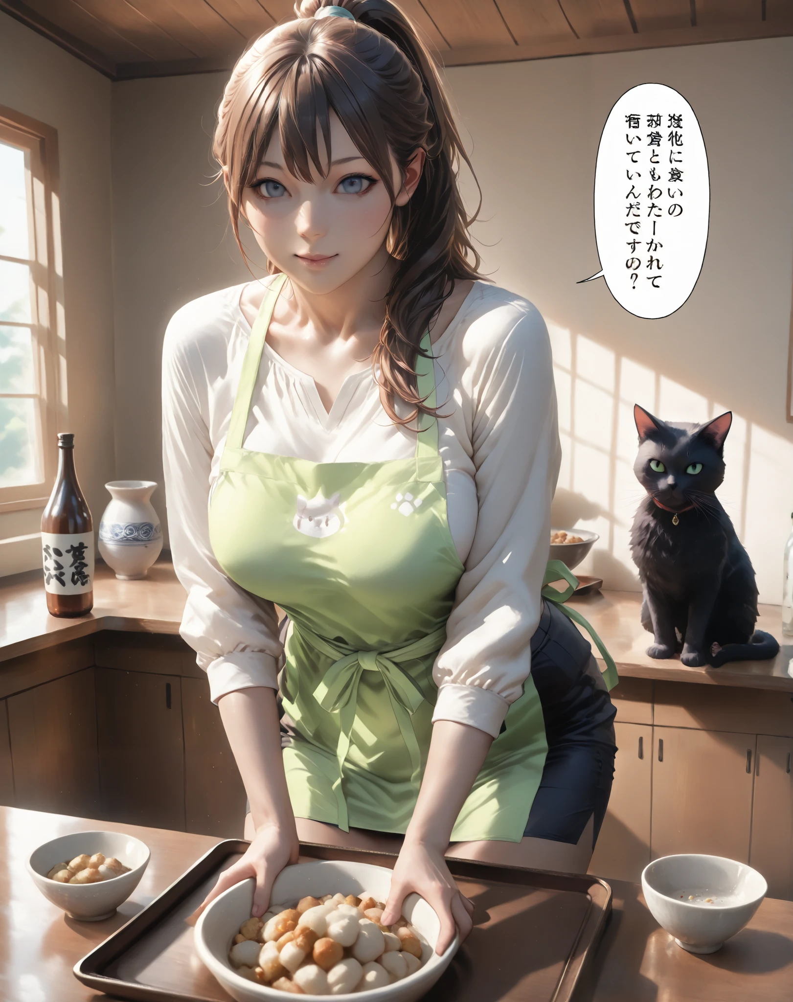 score_9,score_8_up,score_7_up,score_6_up,score_5_up,score_4_up,source_real photo, Ultra-realistic, Photorealistic, Ultra-realistic, photorealistic, dramatic scene, global illumination, (1.woman), (1. fat huge black cat human), In the living room, a huge black cat wearing a yellow striped apron and a Japanese woman with brown hair in a ponytail wearing a white blouse and a long black pencil skirt are fighting over a tray with a small round bowl of food and a sake bottle. Both of them are desperately trying to grab the tray. (The things they are fighting over are a brown round wooden tray, a small round bowl of beige food on it, and a light gray sake bottle.), ((Shows a comment with a comic bubble, Text Japanese only))
