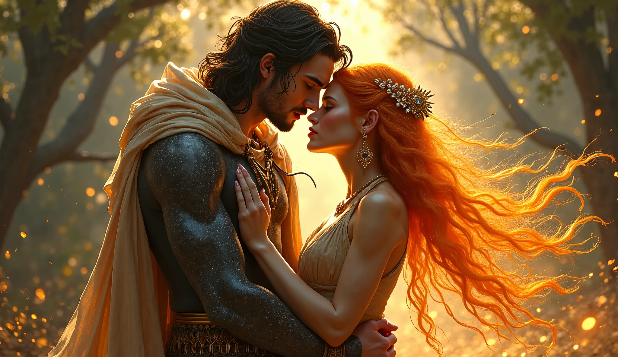 beautiful female warrior with red hair and green eyes, In a love triangle with two male warriors, one with long red hair, caramel skin and bad boy look, and the other one is a blond with short hair.
The man with red hair looks at her with love and hugs her, And this one, who has light hair, wants to seduce her, she is between them and not'I don't know, Who to choose
