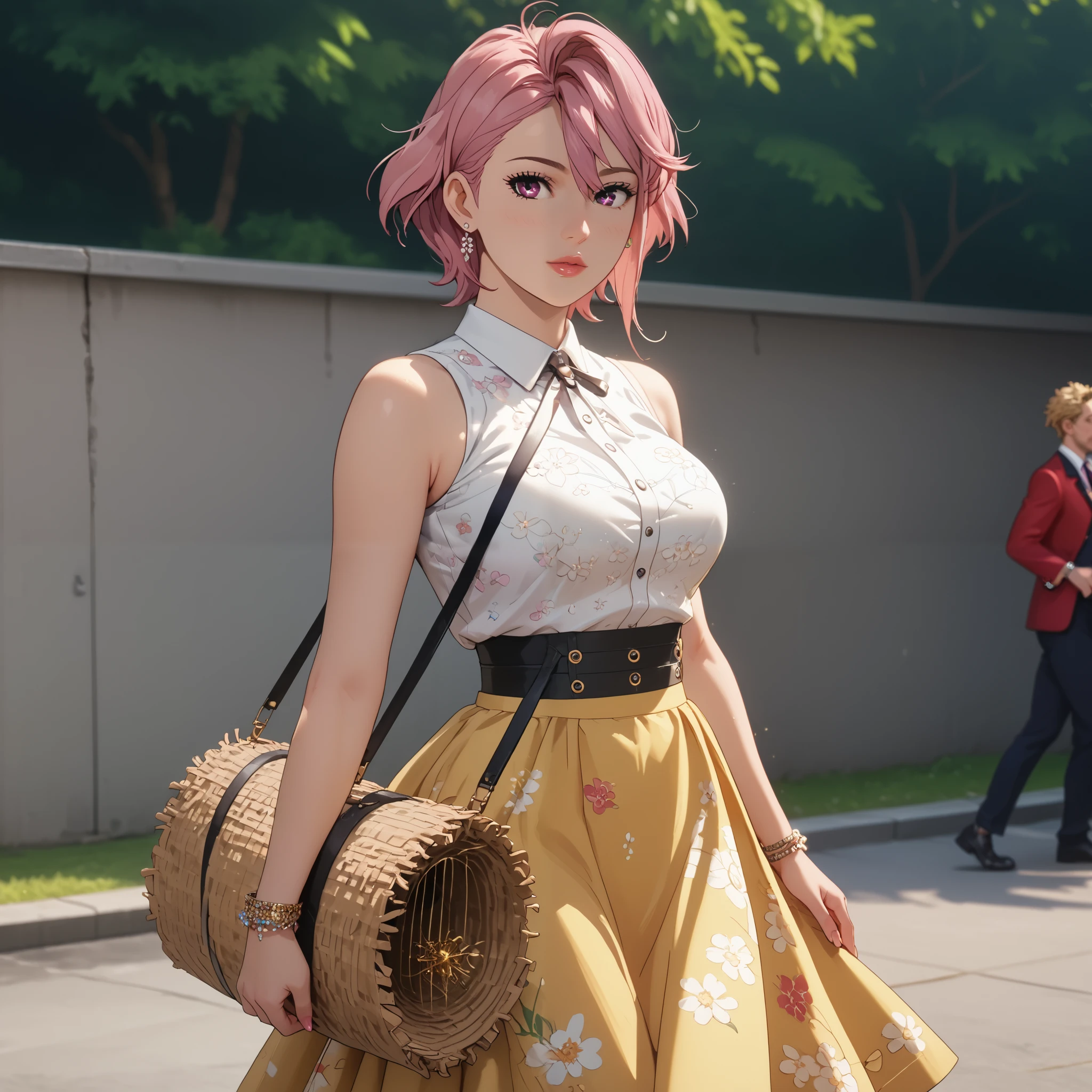 (beautiful girl:1.3),1girl,masterpiece,Highest quality,Ultra-high resolution,rich contrast,super high quality,8k,Highly detailed CG unit wallpaper,texture,Incredibly absurd,Ultra-high resolution,Highest quality anime,professional photograph,an extremely delicate and beautiful,RAW Photos,Depth of Field 1.2,ultra-detailed eyes,Glitter Effect,Beautiful glossy lips, 22years old, gorgeous legs, noise perfect, gorgeous ass, gorgeous ass, dynamic pose, sensual woman, seductive woman, mature woman, Milf, maternal, shy look, full body, (type of photo: medium shot, portraying the person from head to waist), aira shiratori, short hair, bangs, hair between eyes, pink hair, pink eyes, medium breasts, anime screencap, medium portrait shot, Boho Set (Adventure and Freedom): Top: Sleeveless linen blouse in terracotta tone with floral embroidery in white thread, with a "V" shaped neckline and thin straps. Bottom: Long skirt with a wrap-around cut, with a multicolor ethnic print in warm tones (red, orange and yellow). The skirt has a lace fringe at the bottom edge. Shoes: Brown leather sandals with thin straps and beaded details. Accessories: Wooden bracelets, silver rings and a straw bag with leather details.