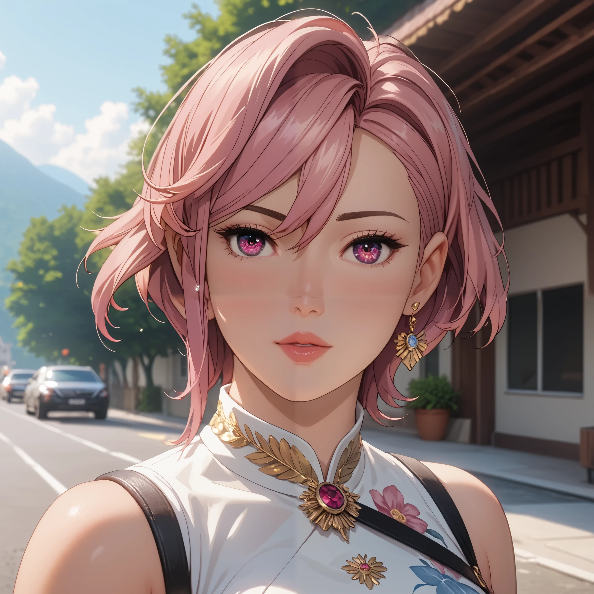 (beautiful girl:1.3),1girl,masterpiece,Highest quality,Ultra-high resolution,rich contrast,super high quality,8k,Highly detailed CG unit wallpaper,texture,Incredibly absurd,Ultra-high resolution,Highest quality anime,professional photograph,an extremely delicate and beautiful,RAW Photos,Depth of Field 1.2,ultra-detailed eyes,Glitter Effect,Beautiful glossy lips, 22years old, gorgeous legs, noise perfect, gorgeous ass, gorgeous ass, dynamic pose, sensual woman, seductive woman, mature woman, Milf, maternal, shy look, full body, (type of photo: medium shot, portraying the person from head to waist), aira shiratori, short hair, bangs, hair between eyes, pink hair, pink eyes, medium breasts, anime screencap, portrait shot, Boho Set (Adventure and Freedom): Top: Sleeveless linen blouse in terracotta tone with floral embroidery in white thread, with a "V" shaped neckline and thin straps. Bottom: Long skirt with a wrap-around cut, with a multicolor ethnic print in warm tones (red, orange and yellow). The skirt has a lace fringe at the bottom edge. Shoes: Brown leather sandals with thin straps and beaded details. Accessories: Wooden bracelets, silver rings and a straw bag with leather details.