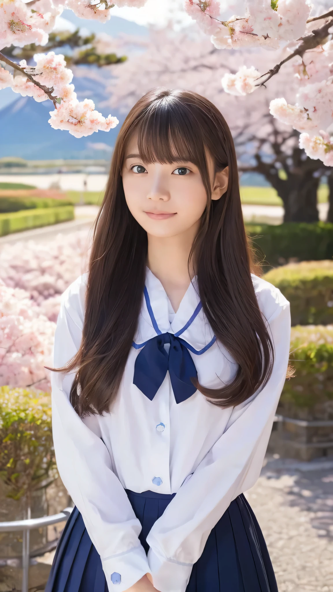 top quality、4K、8k、 HD、 Masterpiece:1.2、 very detailed、 Genuine:1.37、
portrait 、Gentle colors、Gentle Light、A tired girl、
wears long flowing hair、 gentle face、Thoughtful eyes 、 white skin、 happy expression 、 soft pastel color、 great atmosphere 、 shirt、Subtle brushwork、Dreamy composition、 staring into the distance 、 romantic atmosphere 、、 achromatic 、 Soft Shadows 、 display with cherry blossoms and Mt. Fuji in the background 、
plump breasts、I'm wearing a 、 high school uniform、