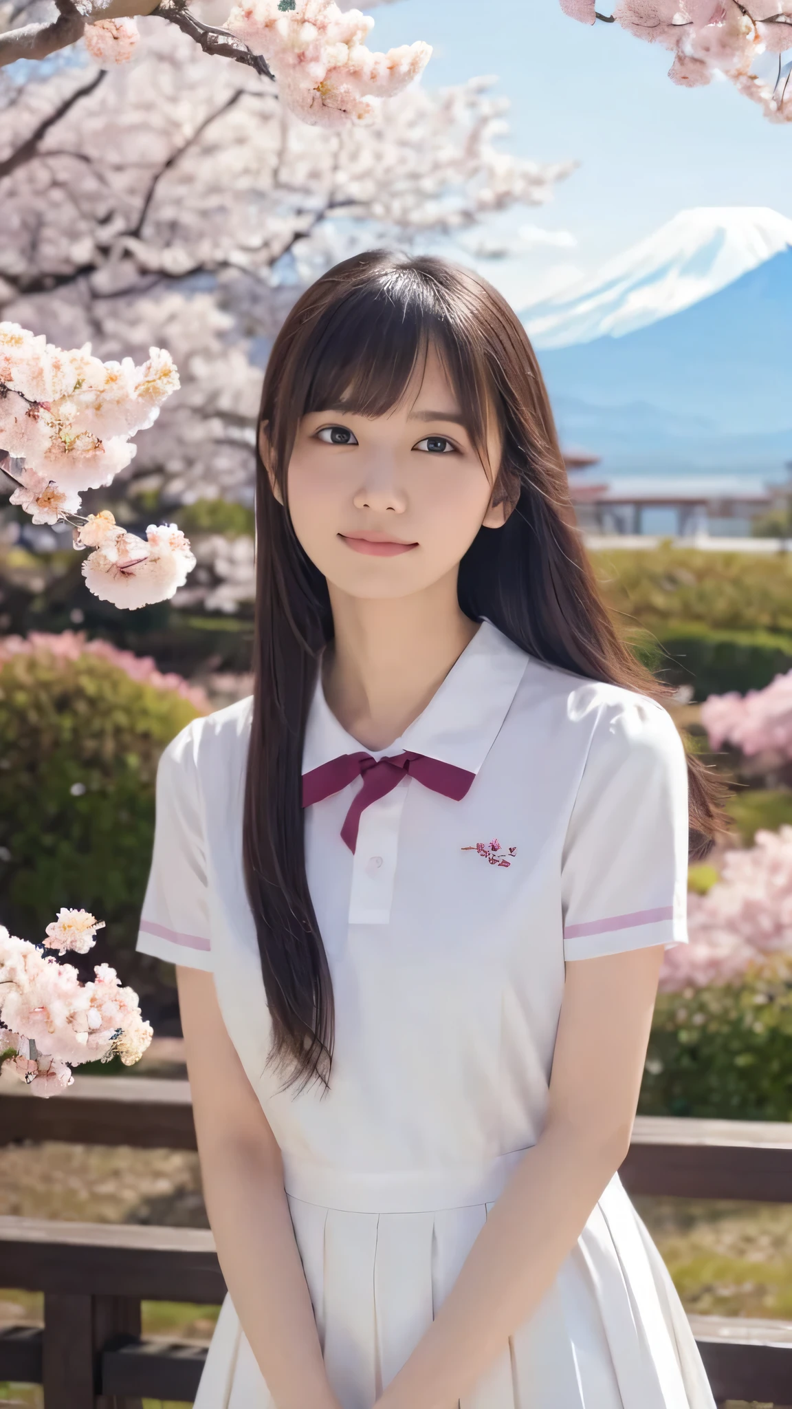top quality、4K、8k、 HD、 Masterpiece:1.2、 very detailed、 Genuine:1.37、
portrait 、Gentle colors、Gentle Light、A tired girl、
wears long flowing hair、 gentle face、Thoughtful eyes 、 white skin、 happy expression 、 soft pastel color、 great atmosphere 、 shirt、Subtle brushwork、Dreamy composition、 staring into the distance 、 romantic atmosphere 、、 achromatic 、 Soft Shadows 、 display with cherry blossoms and Mt. Fuji in the background 、
plump breasts、I'm wearing a 、 high school uniform、
