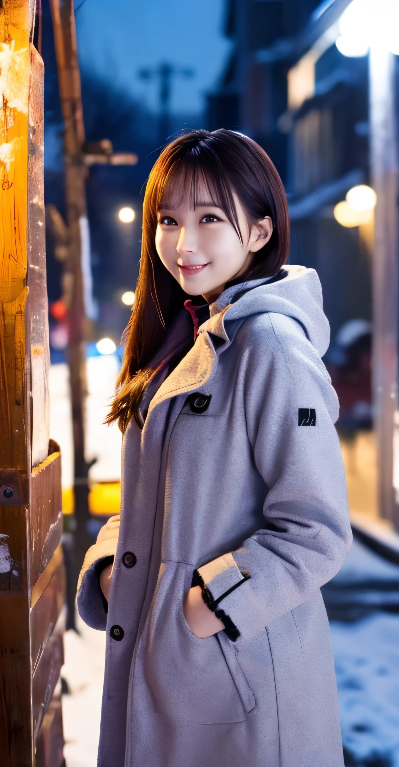 1 girl, (Wear ski wear:1.2), ( RAW Photo , top quality), ( is present, photorealistic:1.4), Masterpiece, (( Knee-length shots )), very delicate and beautiful, extremely detailed, 2k wallpaper, great , Finely Details , Highly Detailed CG Unity 8K Wallpaper , Super Detail, high resolution, Soft light, Beautiful girl in a blue trench coat with great attention to detail , Extremely Precise Eyes and Face , beautiful detailed nose, beautiful detailed eyes, cinematic lights, The lights that color the city on a snowy night , Snow Scenery , It's Snowing , There'Snow in my hair , perfect anatomy in pool water, slender body, I was nervous.,
straight semi-long hair , bangs, watches viewers, smile