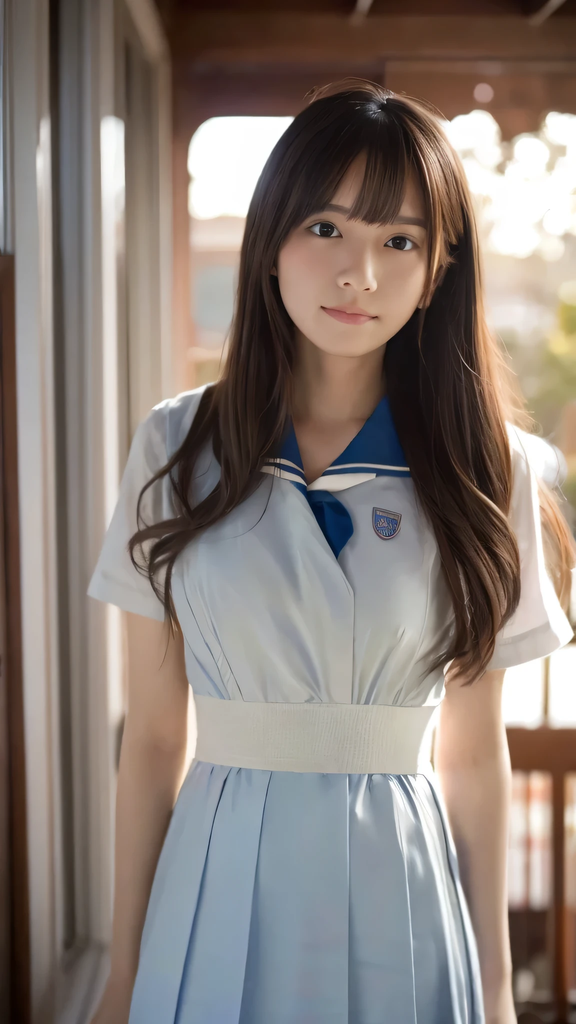 (highest quality,8K,Raw photo,realistic,High resolution:1.2),(cute japanese girl),(huge breasts:1.20),(Because I&#39;m slender、naughty body),(Japanese high school uniform),(school classroom),(18-year-old、difficult、Lofty dream、Prisoner of a male classmate、existence of idols),(Beautiful realistic Asians:1.5、kindness)、Professional、