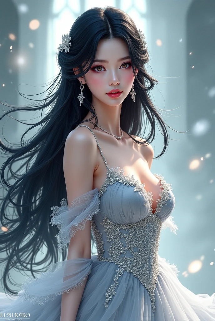 Black big hair girl with blue eye in white big dress with silver necklace with small earring 