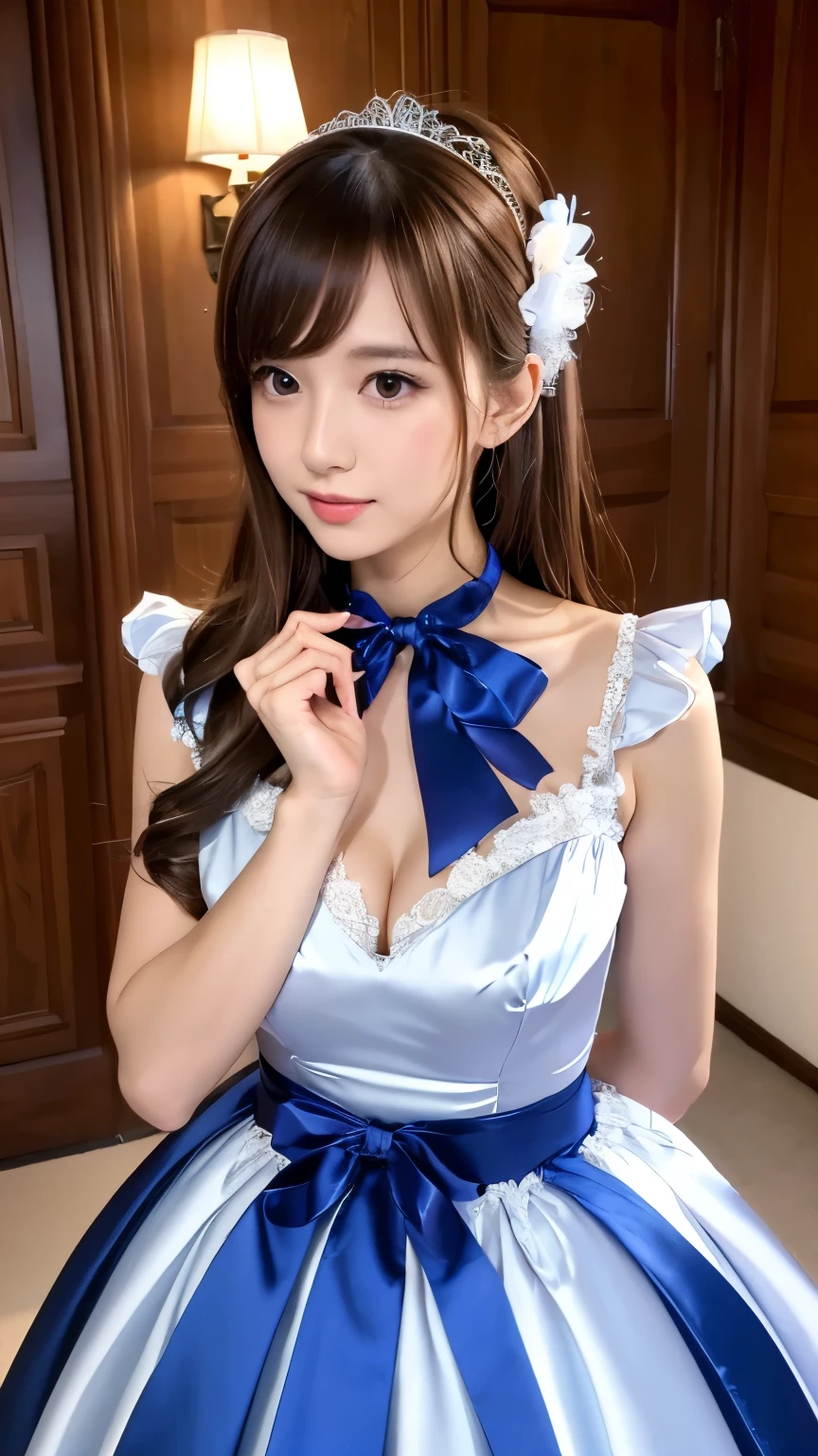 Highest quality、masterpiece、RAW Photos、Realistic、Realistic:1.2、Japanese elementary school girls、13 years old、Innocent face、Teenage Girl、cute、Baby Face、smile:1.0、(A tight, sleeveless dress with frills and blue check pattern and buttons down the chest)、Are standing、Dynamic pose、(Full body photo、footwear)、Black Hair、Thin thighs、(Small breasts)、(Tight clothing:1.2)、Hotel Bed、(Erect nipples)、(Underbust corset)