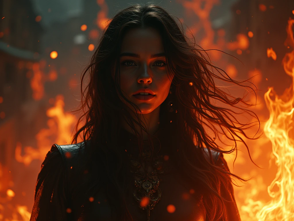 a woman with blood on her face and a black jacket, gal gadot as hell lord, shanina shaik as medusa, portrait of megan fox as demon, woman made of black flames, megan fox witch queen, film still of gal gadot, by Seb McKinnon, by Tatiana Hordiienko, cinematic goddess shot, by Sebastian Vrancx