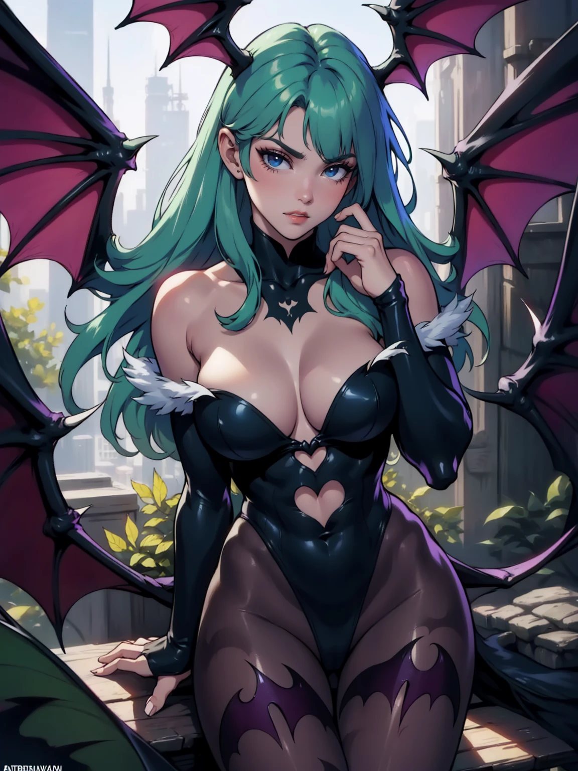 1girl, portrait, print legwear, morrigan aensland, solo, breasts, head wings, animal print, long hair, wings, pantyhose, heart cutout, bat print, leotard, large breasts, bare shoulders, green hair, high heels, fangs, fingernails, looking at viewer, bridal gauntlets, purple pantyhose, clothing cutout, volumetric lighting, best quality, masterpiece, intricate details, tonemapping, sharp focus, very detailed, trending on Artstation, realistic, chromatic aberration,


