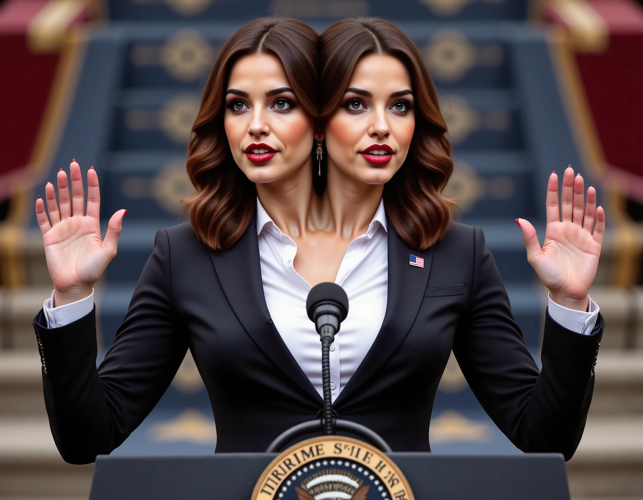 realistic face two headed Caucasian female with brown hair and blue eyes a in business suit, us president, very fit, two heads, conjoined twins, white polo shirt, big boobs, speaking at podium, podium with potus seal, inaguration, us capitol, us flag pin on blazer, red fingernails, four arms, red lips, late 40s, wavy hair, necklace, black high heels, full body shot