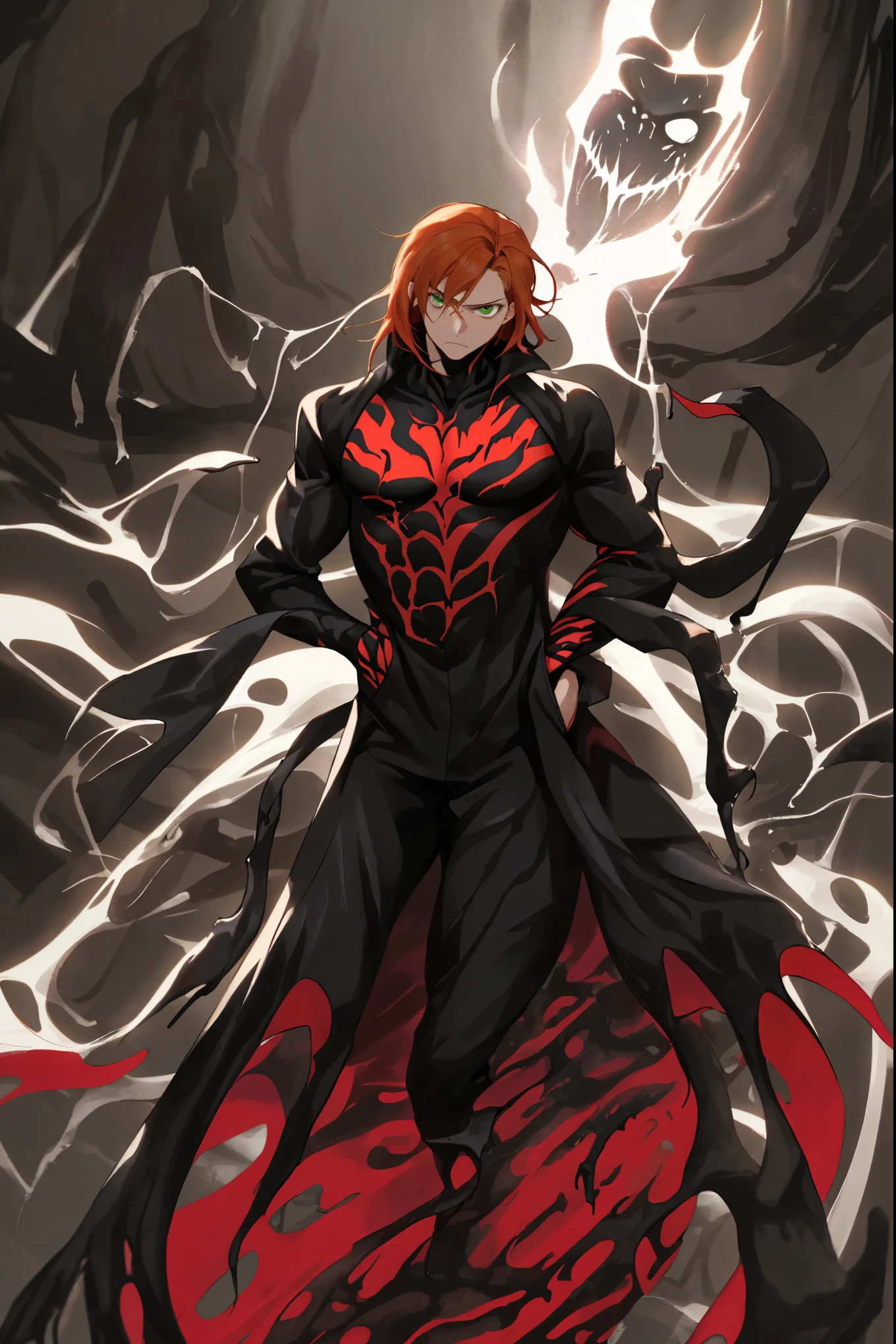 {{portrait, dutch angle}} {{Artist: Sincos}} 1male, solo, toned male, red hair, flowing hair, long hair, red eyes, lips, black sci-fi armour with, black cape, angry, outdoors, city, looking at viewer, standing, fog, modern day, superhero day, blood on face