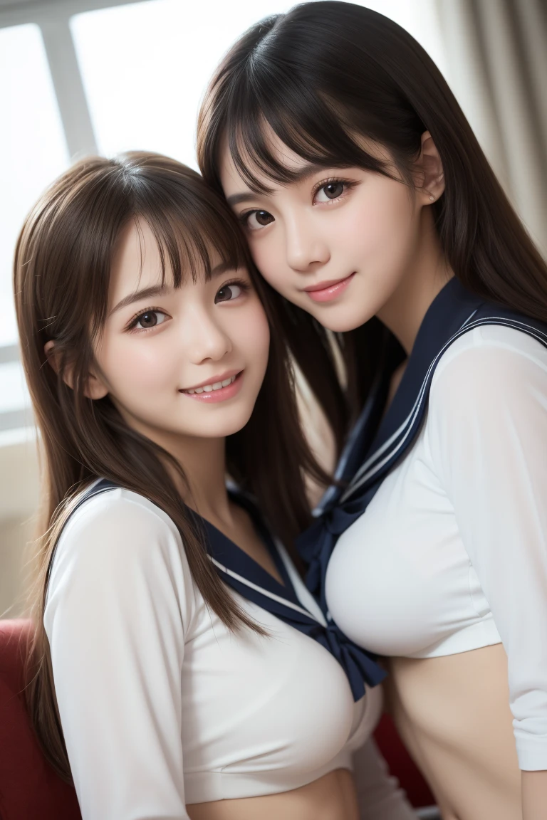 ((highest quality, 8K, masterpece :1.4,アニメ)), highest real,Sharpness:1.3, Perfect Body Beauty:1.4,super detailed face and skin texture,((Super Real,best quality)),(soft lighting),super detailed face, fine eyes, double eyelid,(ass pov),(((1 girl))),((make eye contact with the audience)),((Composition from the above:1.2)),fine detail,highly detailed face and eyes, (cute face:1.6), ((NSFW:1.6)), my sister,18years old,(huge breasts :2,beautiful areola,small areola),(Glowing skin),---//background//---(Inside the In school, in the classroom, bright room, large windows, sunlight shines in)---//Hairstyle//---(Beautiful BROWN hair:1.2,CUTE HAIR STYLE:1.2)---//expression//---(SMILE FACE:1.4,kiss face:1.4)---//Pause//---(Standing, arch back),((close up face:1.5,UPPER body:1.4)),(Tuck up your clothes)---//clothing//---((school uniform:1.4,sailor suit:1.4,BLUE RIBBON TIE:1.4,BLUE SKIRT:1.2,WHITE SHIRTS:1.2)),((breast squeeze,press breasts together,Close your breast with both hands)))