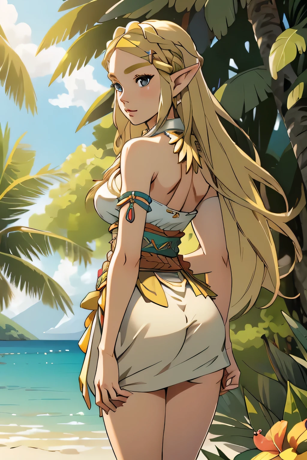 1girl in, 21, princess Zelda, photo of perfect woman, portrait, looking straight at camera, 5'3", Solo, Aesthetic artwork, (blond, straight blonde hair, waist length blond hair:1.25), (clear skin, pale skin, small breasts, B-cup, runners body, very thin waist, skinny, petite, detailed skin texture, (Masterpiece), (shot from behind, up skirt, flirty expression, focus on ass:1.2), (wearing traditional Hawaiian clothing, leis), exotic flowers in the background, tropical paradise, lush greenery, white sandy beach, crystal clear water, gentle ocean breeze, warm golden sunlight, serene, (extremely detailed 8k wallpaper), evening outdoor lighting, high quality, film grain, Fujifilm XT3 sharp focus, f 5.6, 50mm, High Detail, Sharp focus, (natural light), crazy details, complex details, hyper detailed