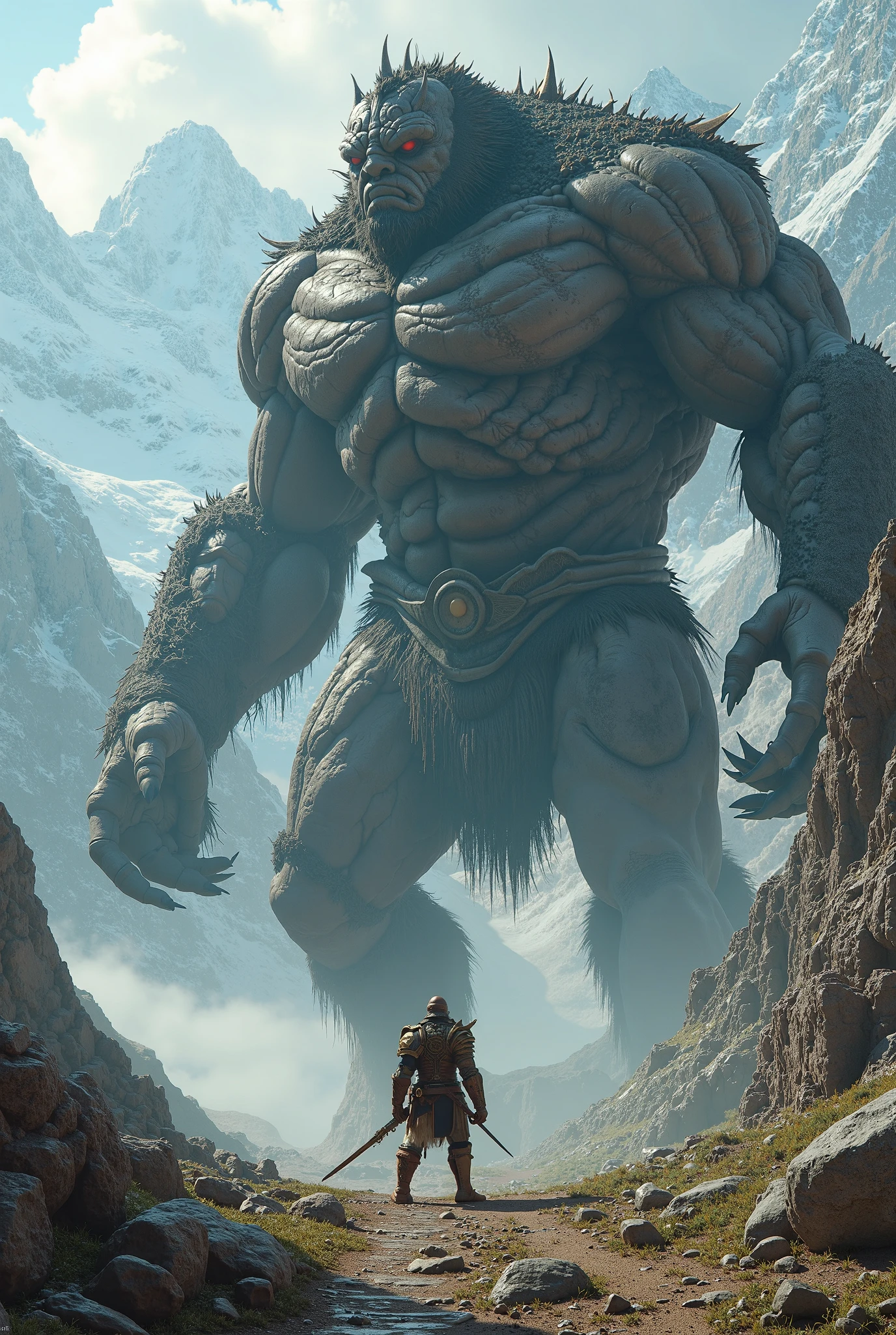 I want a 3D image in which a small human warrior is facing a terrifying giant titan with a mountain background.
