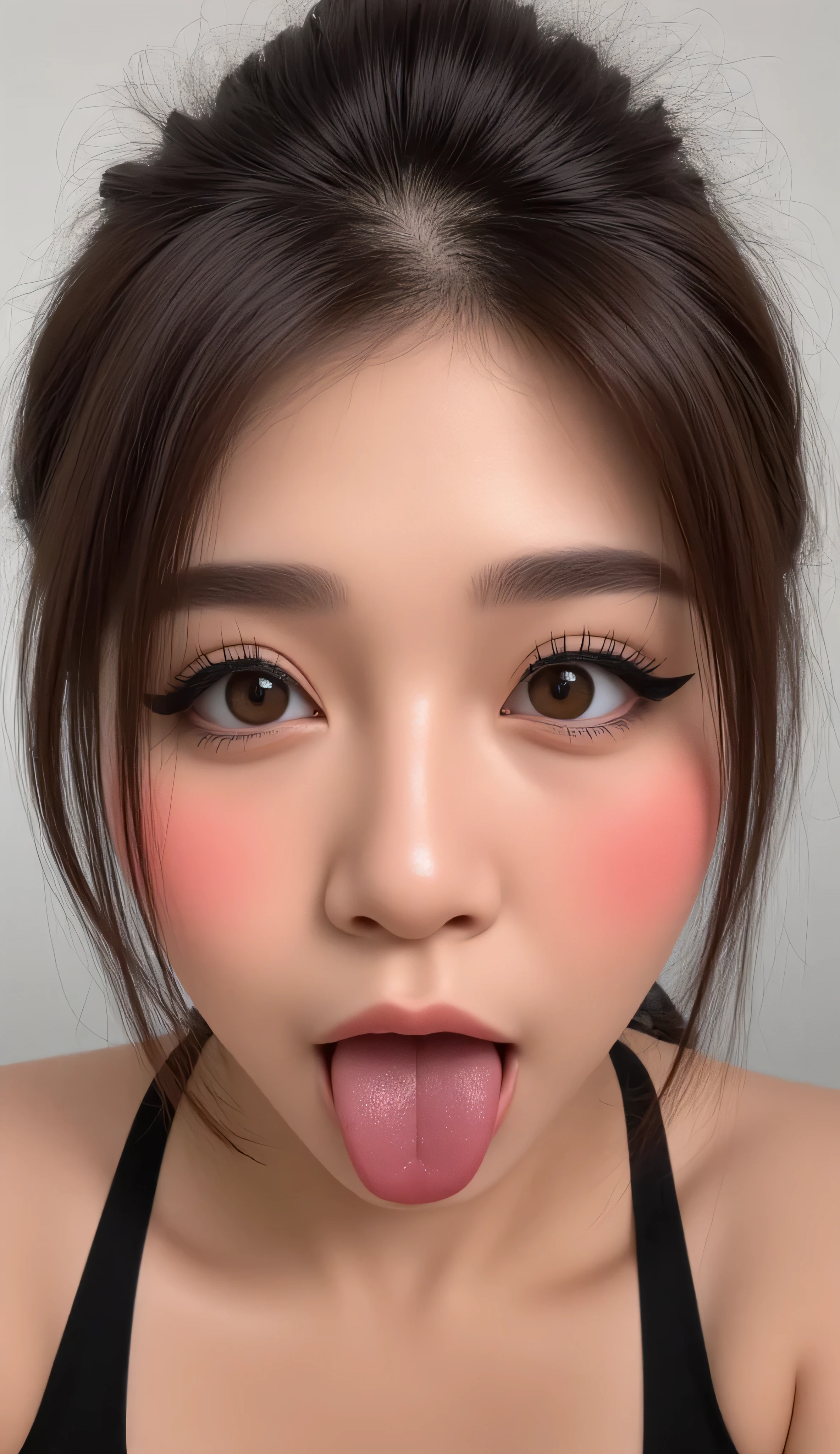 ((Best Quality, 8K, Masterpiece: 1.3)), beautiful Asian Korean e-girl streamer makeup, sports bra that emphasize perfect big cleavage, she cups her top gently squeezing them togethet to accentuate their voluptuous cleavage line, wide round-shaped cleavage line going down perfectly as being squeezed, amazing breast enhancement, refresh, hard blush make up: 1.5, perfect long strong thick winged eyeliner, perfect winged eyeliner, perfect soft cleavage, eagerly desires your cum on her breasts, round tongue out, perfect, chubby chin, , beautiful eyes detail, upper body composition, perfect full red lips, lively face, lustful look, perfect squeezed cleavage line, rounded cleavage line, feeling exceptionally seduced, perfection, perfect mascara, skin detail, she absolutely fucking loves showing her cleavage to you, refined eyelashes, refined eyeliner, perfect composition, looking at you, leaning forward, white highlight in eyes, begging, nsfw: 1.3, she's like "mhm you like my amazing breasts?”, extremely teasing, perfect soft natural like breast that gives a clear perfect soft cleavage, long eye lashes: 1.3, beautifully and perfect eye, beautiful, brown eyes, thick eye brows, detailed skin