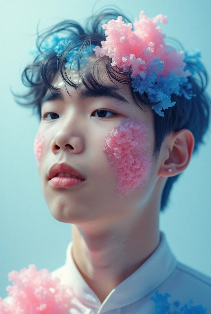 Foto realisitic de um cantor de kpop masculino coreano, jungkook BTS, 24 years, pale face, beautiful face, face with rosy cheeks and freckles, Muscular and strong body, wearing a backwards cap, wearing no shirt, body with several stickers glued, stickers on your face too, making cute poses, background with rainbow stickers, ice cream, lollipop, butterflys, concept Photo, realisitic, idol, close-up do rosto, facing the front ,cute face, rosto close-up , smiling with eyes closed