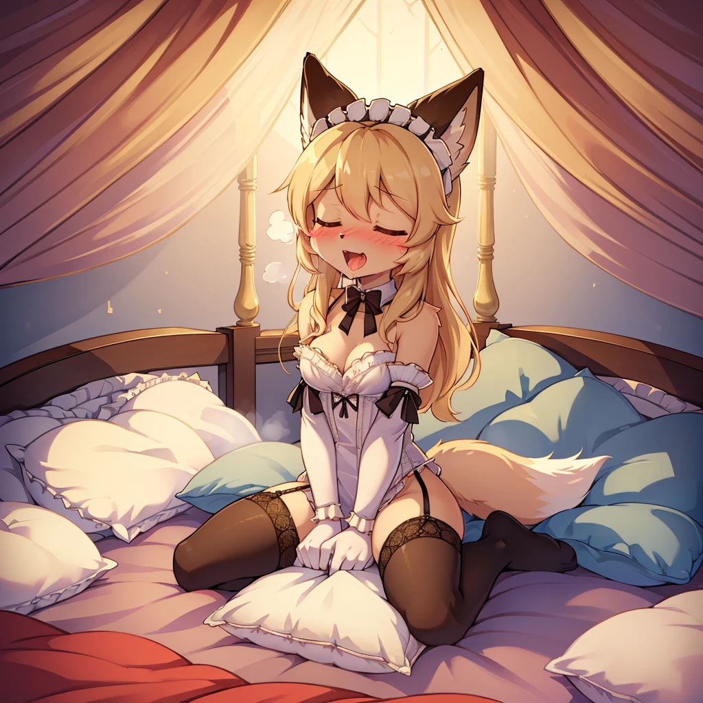 （ masterpiece， best quality），mine, The Beast, , ( ））, 穿着内衣可爱女孩在Pillow上摆姿势,，maid suit，nature,, ( blush),A smile，Pillow,（Lots of Pillow），Soft cushion，（mosquito net bed ），（Pillow），Lots of Pillow，，，（A tail），（Around the protagonist），steam，（Pillow），（LuxuryPillow），（Palace Pillow），（，（  classical European bedroom   ），（Excited，），，( A luxurious rococo style king bed with a canopy ), surrounds a large bed .,((((The bed is piled with many Pillows)))),Quilt details,Detailed bed sheets,,((Pillow in detail)), ((((A Lot of Pillow))))，，、、 soft sheets and quilt 、Colorful soft Pillow、Lots of Pillow、Pastel-toned bed、 Delicate Face ，，柔软的Pillow，，（   classical European bedroom    ），（Excited脸， open mouth ，Shy，），（更多Pillow)，， blush，pillow humping, crotch rub, exhaling hot air ，steam， 1girl ,matuurafox ,fox girl, furry female, lace stockings， lace long gloves ， garter socks，，