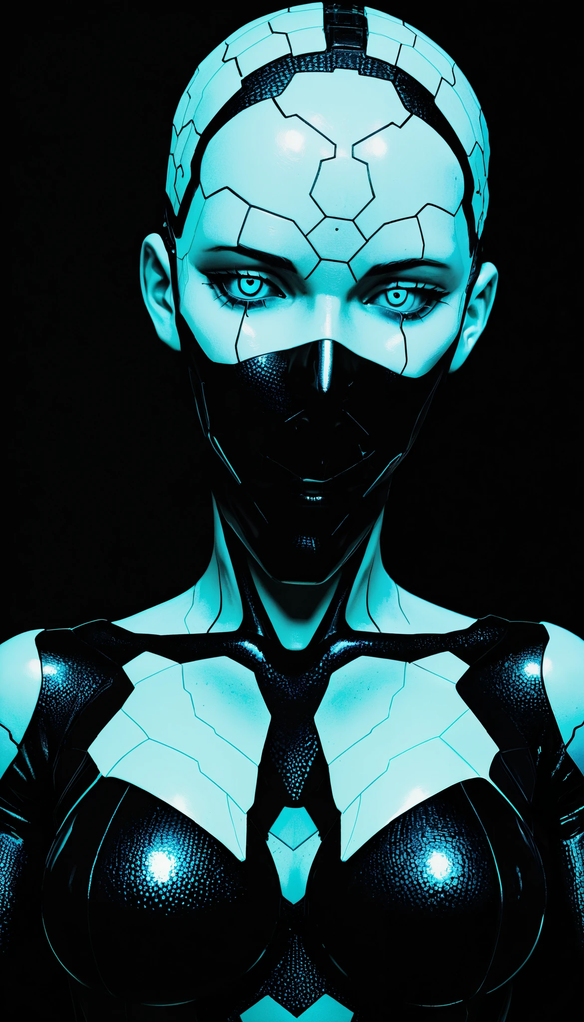 __hr_giger_art___flowing_contours biomechaical__airbrush___strange__eerie__fashion_magazine_cover__art_deco_border___porcelain_and_platinum / A futuristic looking woman with porcelain skin / dark mood lighting. TRON