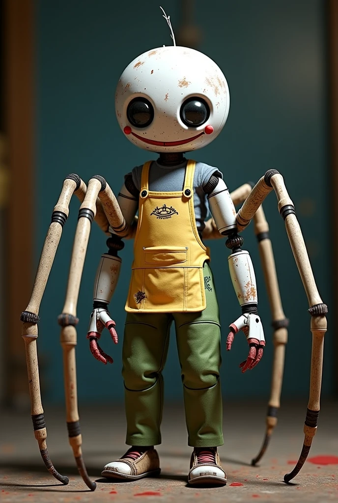 Um Animatronic estilo Five Nights at Freddy (fnaf). The Animatronic must be an Argiope Argentata spider(Silver Spider ). It is a male robot ,high, with four long arms , and four legs . four eyes,the legs of the legs are pointed ,And the Animatronic is in cartoon style. The Animatronic wears a pale yellow apron,Dirty with colored paints,And some green pants. It's a white spider,SPIDER
CARTOON/design